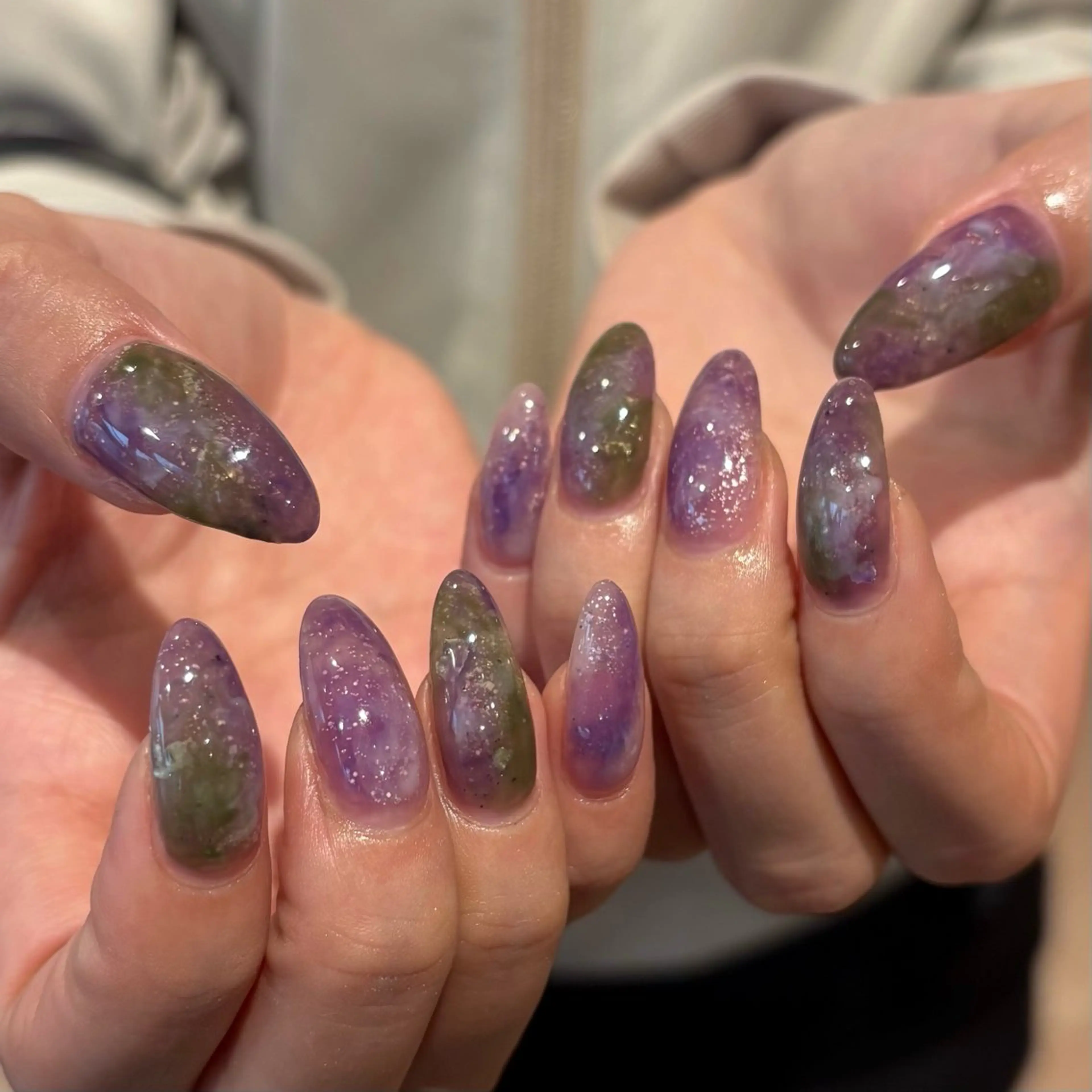 ネイル 長さ出し キラキラネイル ロングネイル ニュアンスネイル パープル ハンドネイル Bianca名駅店 安田のネイルデザイン