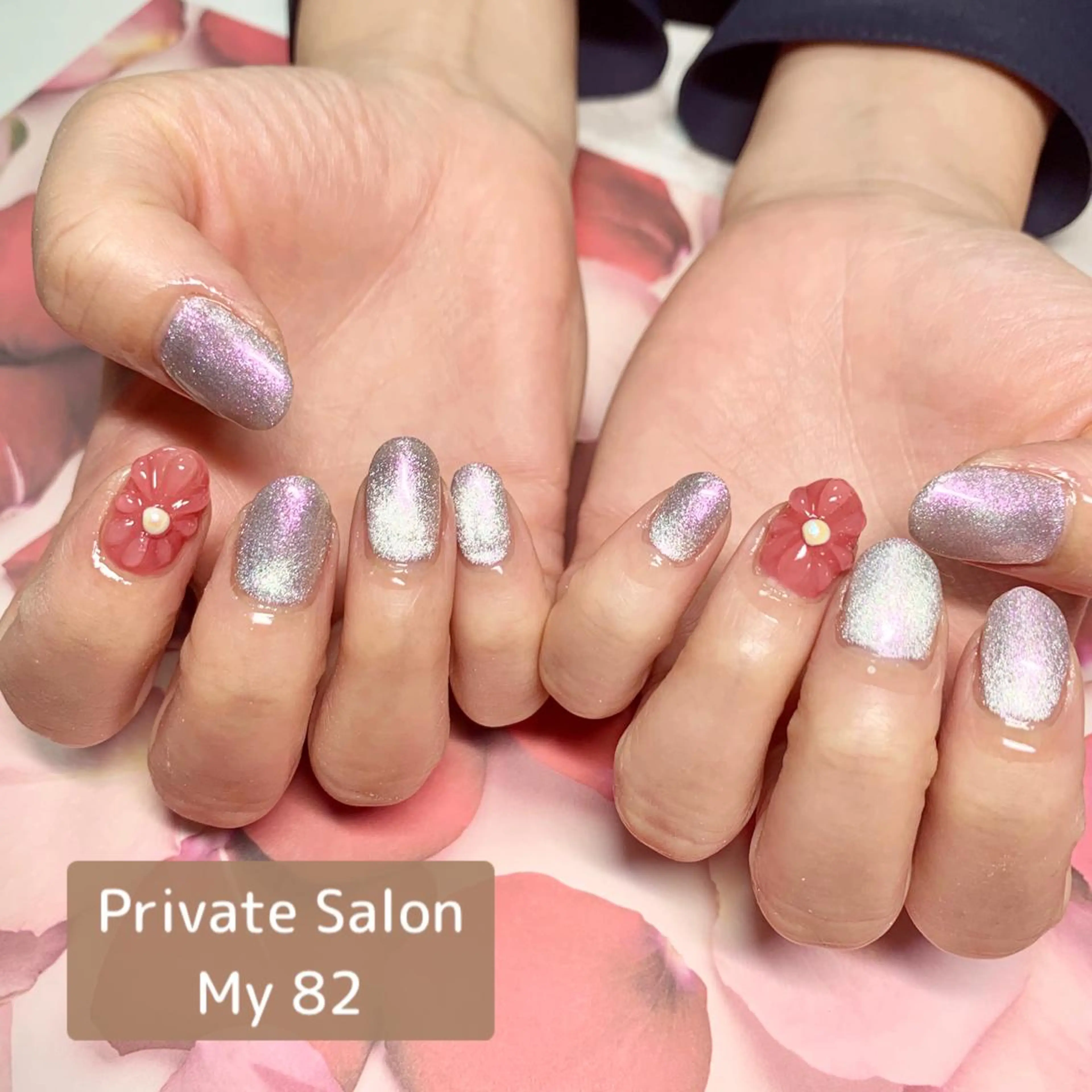 ネイル 入学式 フラワーネイル ジェルネイル キラキラネイル マグネットネイル ハンドネイル Private Sa lon  MARLOのネイルデザイン