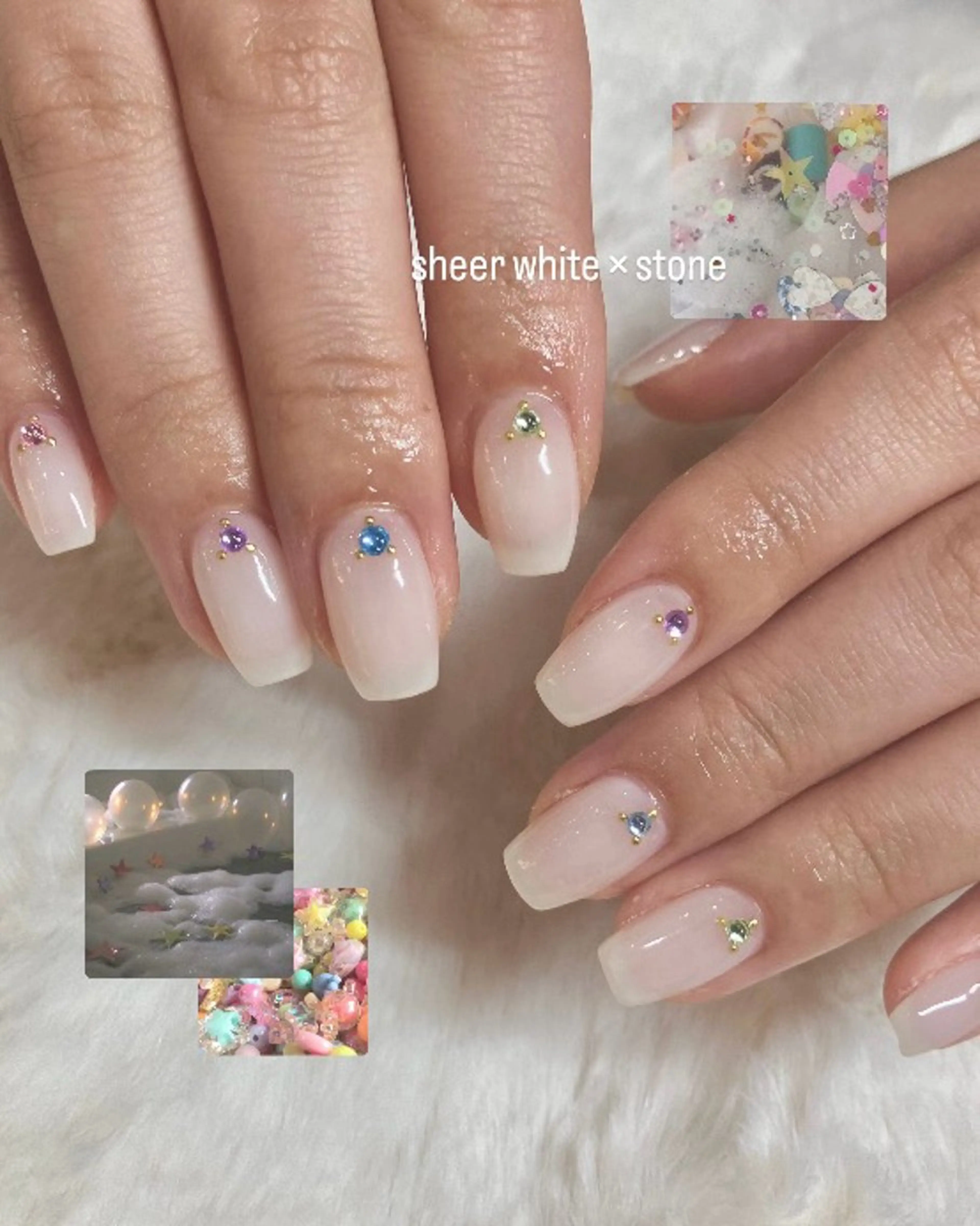 ネイル アートネイル ワンカラーネイル ストーンネイル ホワイト mitsuki💎 ﾜﾝﾎﾝ/韓国ﾈｲﾙのネイルデザイン