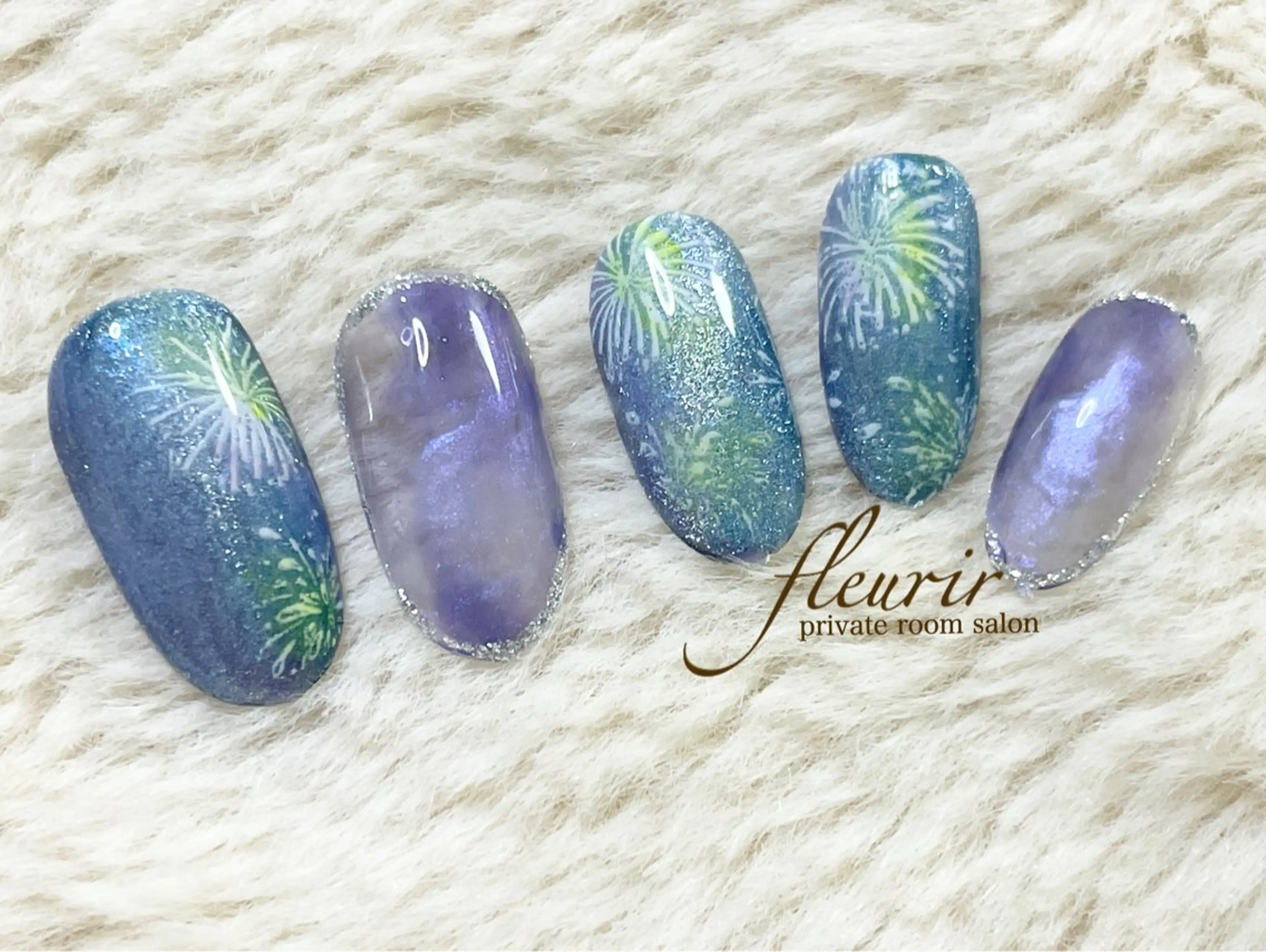 ネイル アートネイル ブルー クリアネイル ラメ(グリッター) マグネットネイル フルリール 【プライベートサロンのネイルデザイン