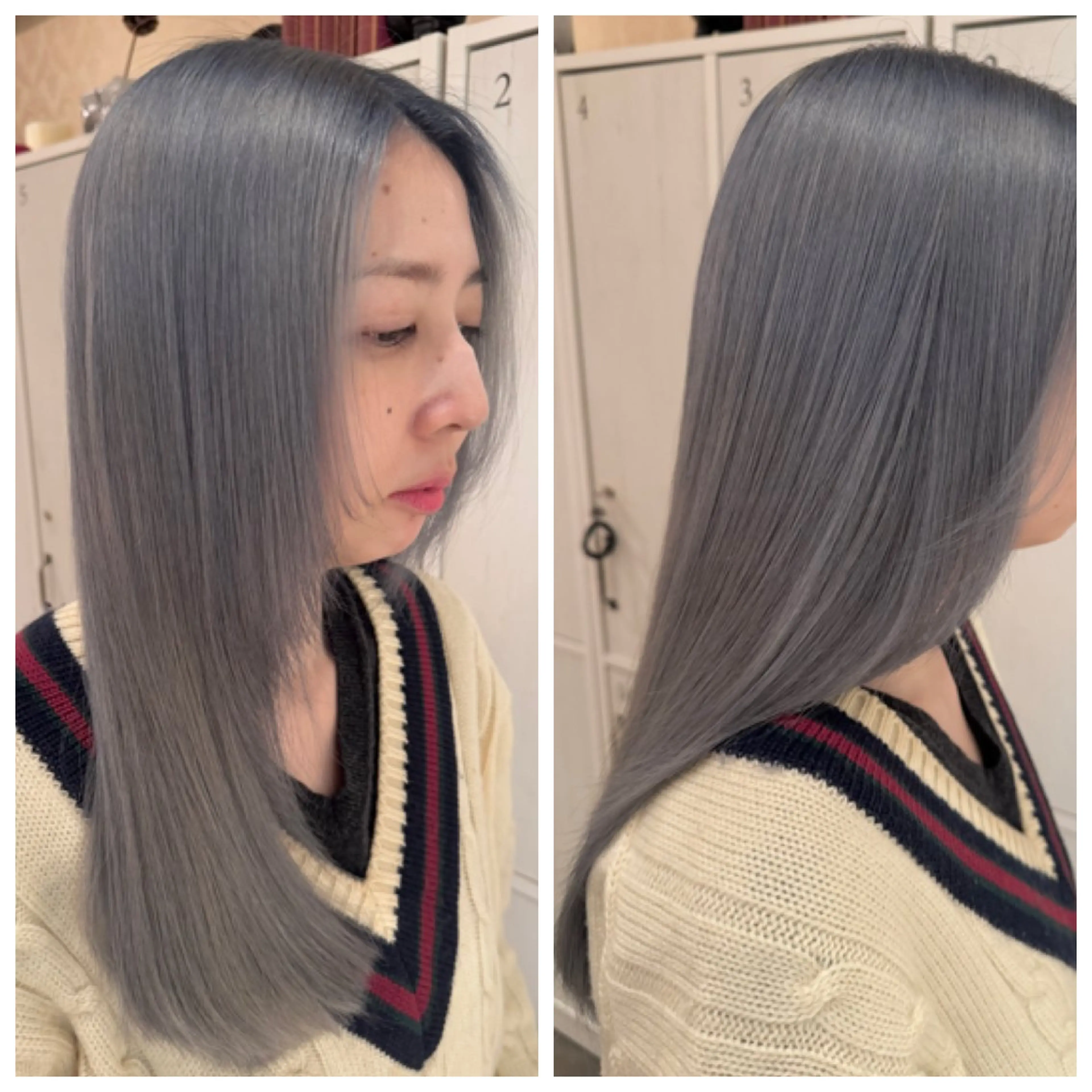 ロング カラー ブリーチ ブルーカラー ブルーグレー ブルーグレージュ ブルージュ カット ヘアカラー トリートメント ハイライト/インナー /ブリーチ/レイヤーのヘアスタイル