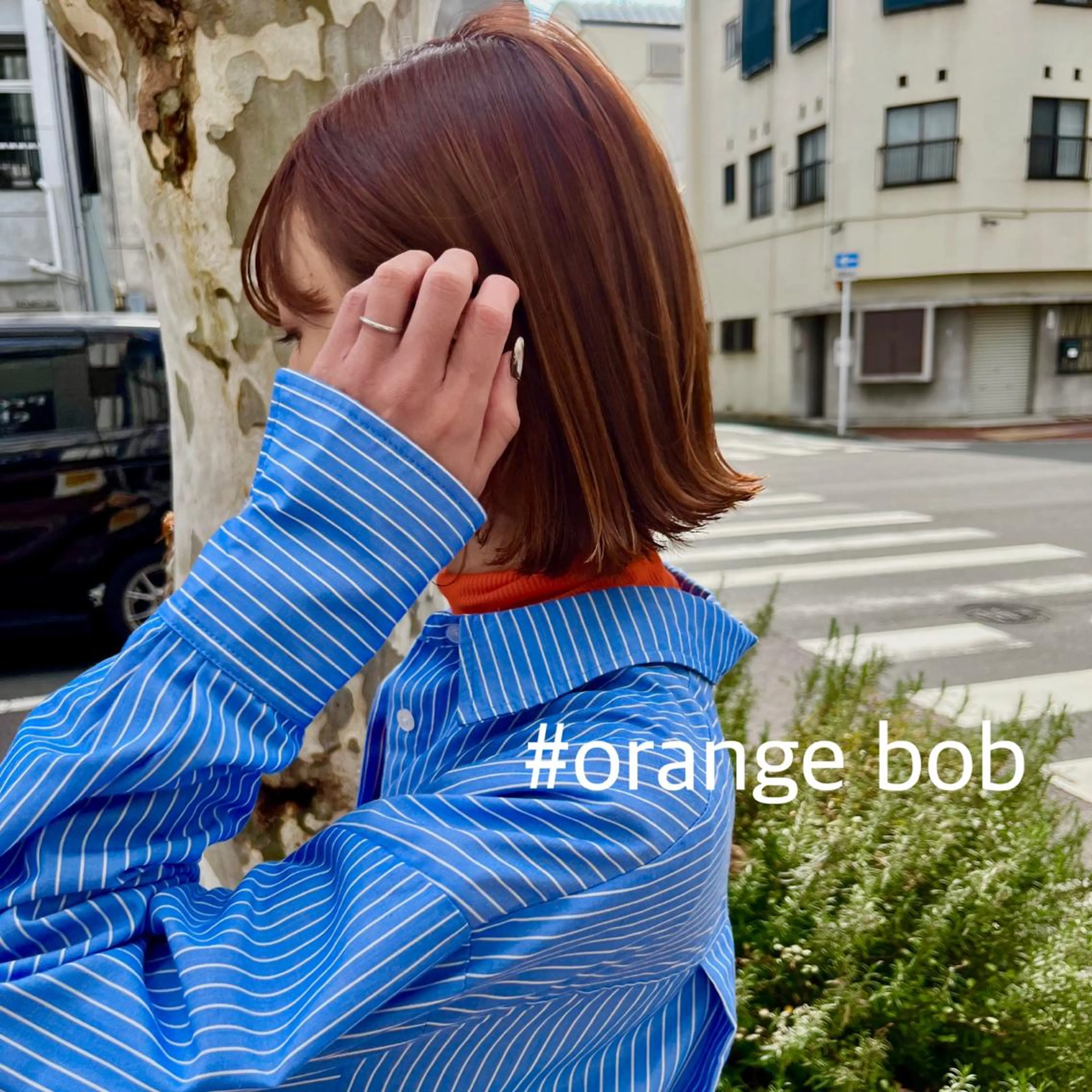 ミディアム カラー 切りっぱなしボブ ブラウンカラー オレンジ オレンジブラウン ボブ カット ヘアカラー トリートメント 萌花　moeka /韓国/レイヤーのヘアスタイル