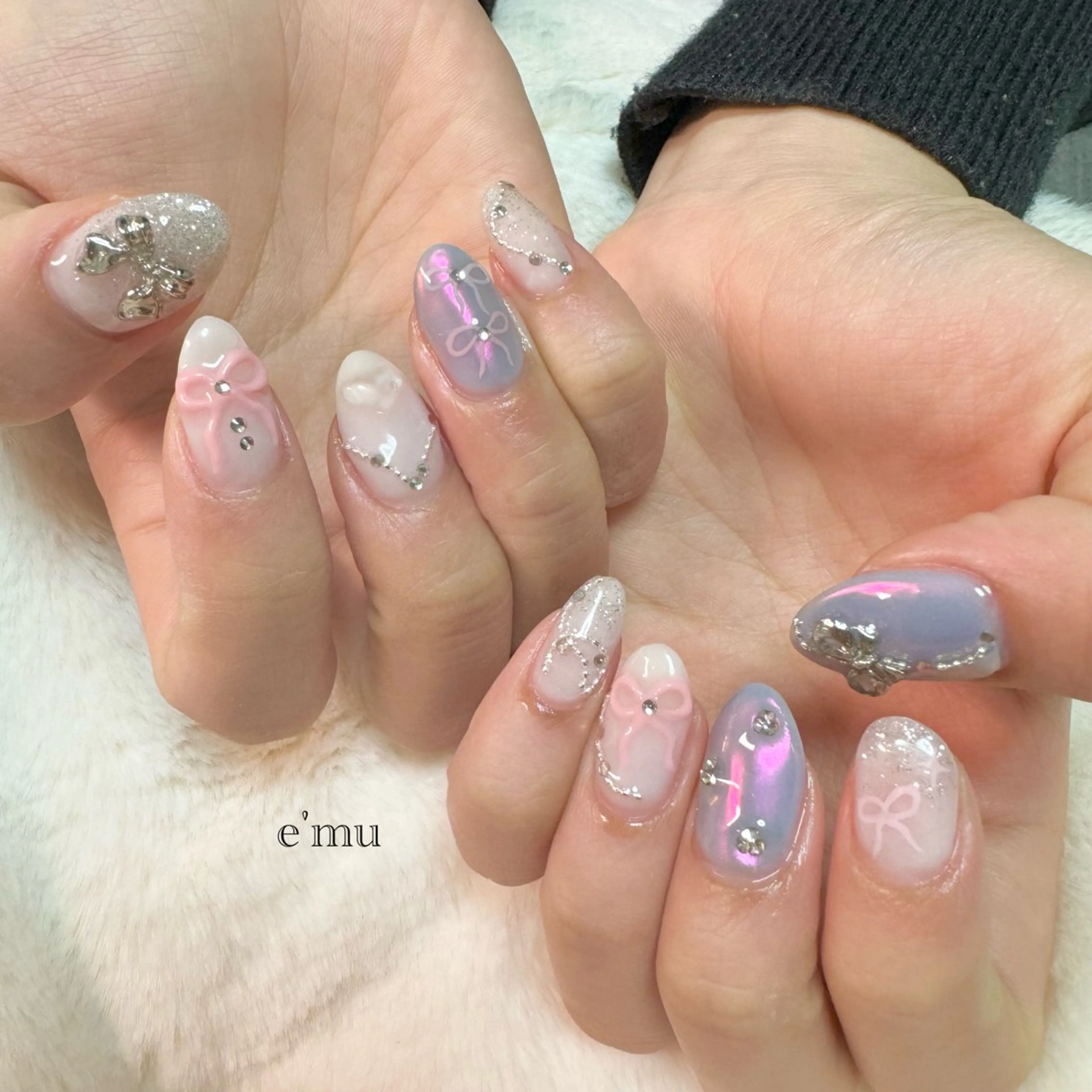 ネイル 韓国ネイル リボン ハンドネイル nail salon e'mu💐のネイルデザイン