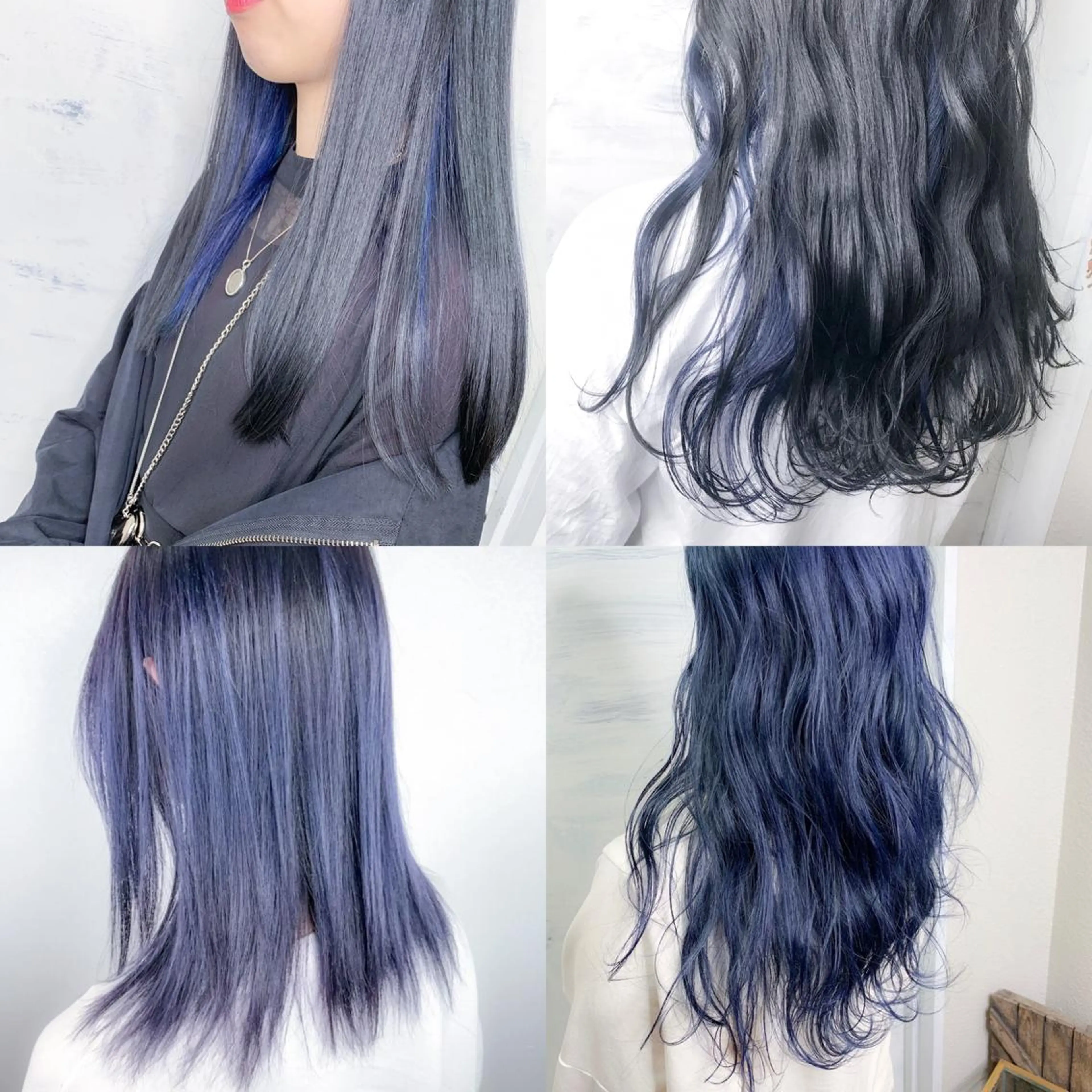 セミロング カラー 黒髪 ブリーチ ブルーカラー ブルーブラック ハイライトカラー ヘアカラー BOX mico.のヘアスタイル