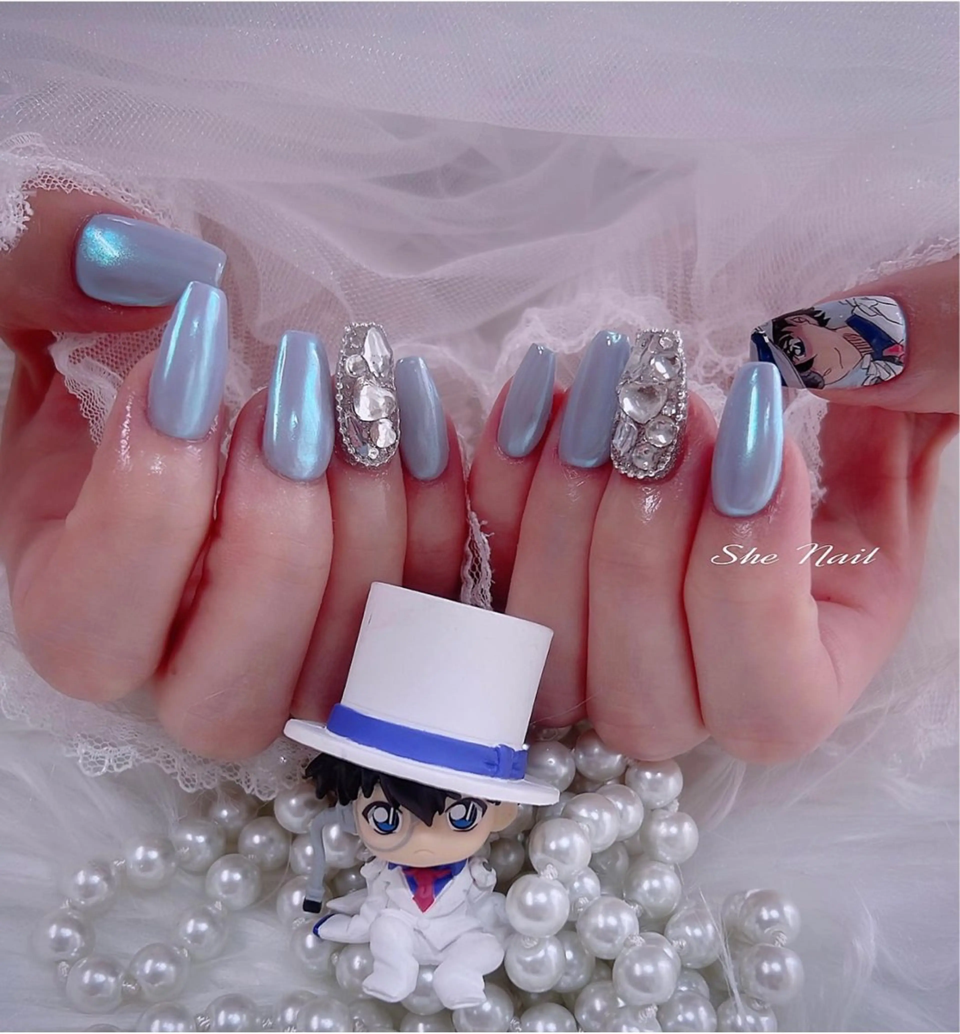 ネイル チークネイル 長さ出し フレンチネイル ガラスフレンチ マグネットネイル She   Nail所属・ISA_ BELLAのネイルデザイン