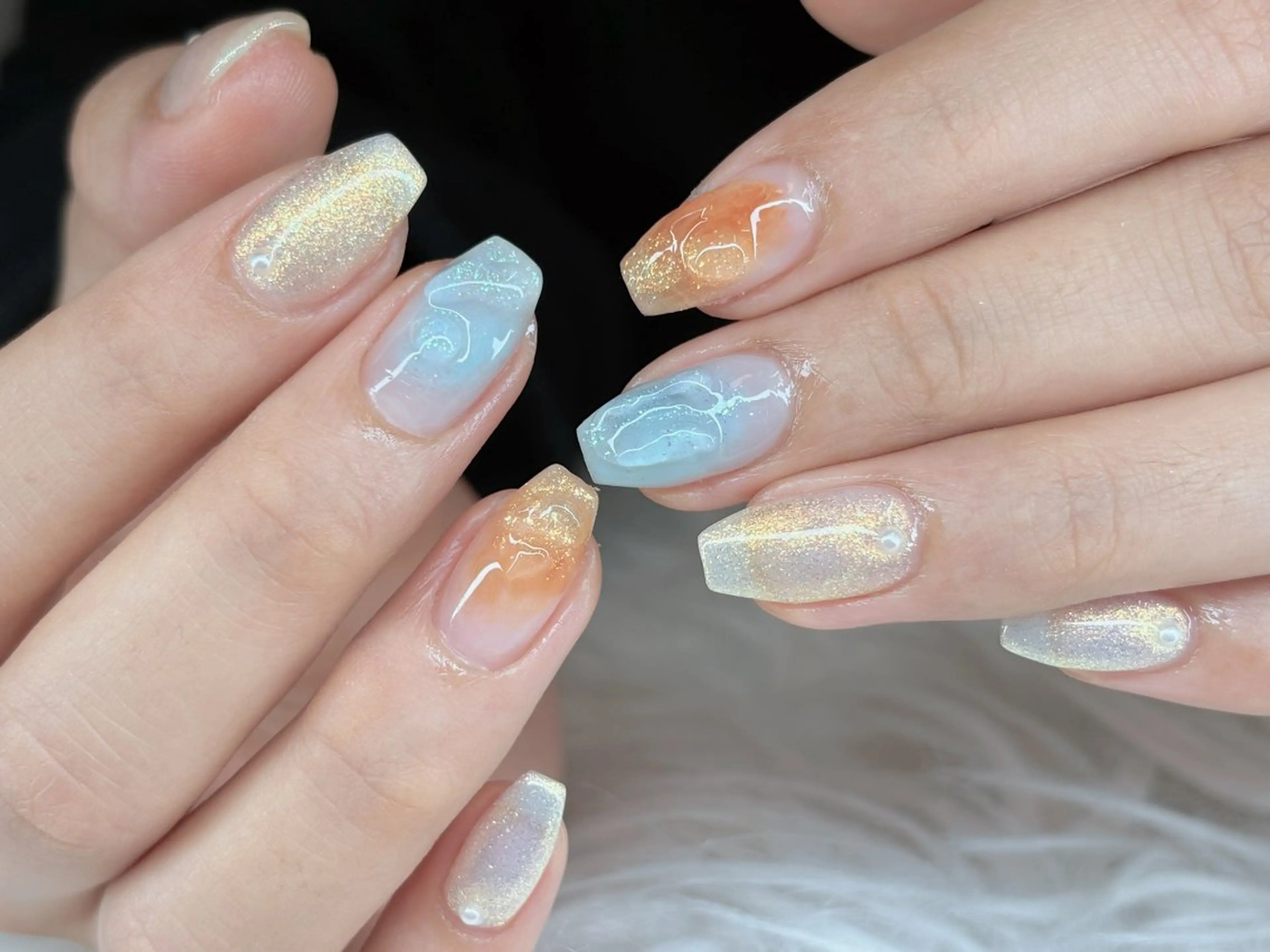 ネイル オーロラネイル ブルー チークネイル フットネイル フレンチネイル NAILS168 大家店のネイルデザイン