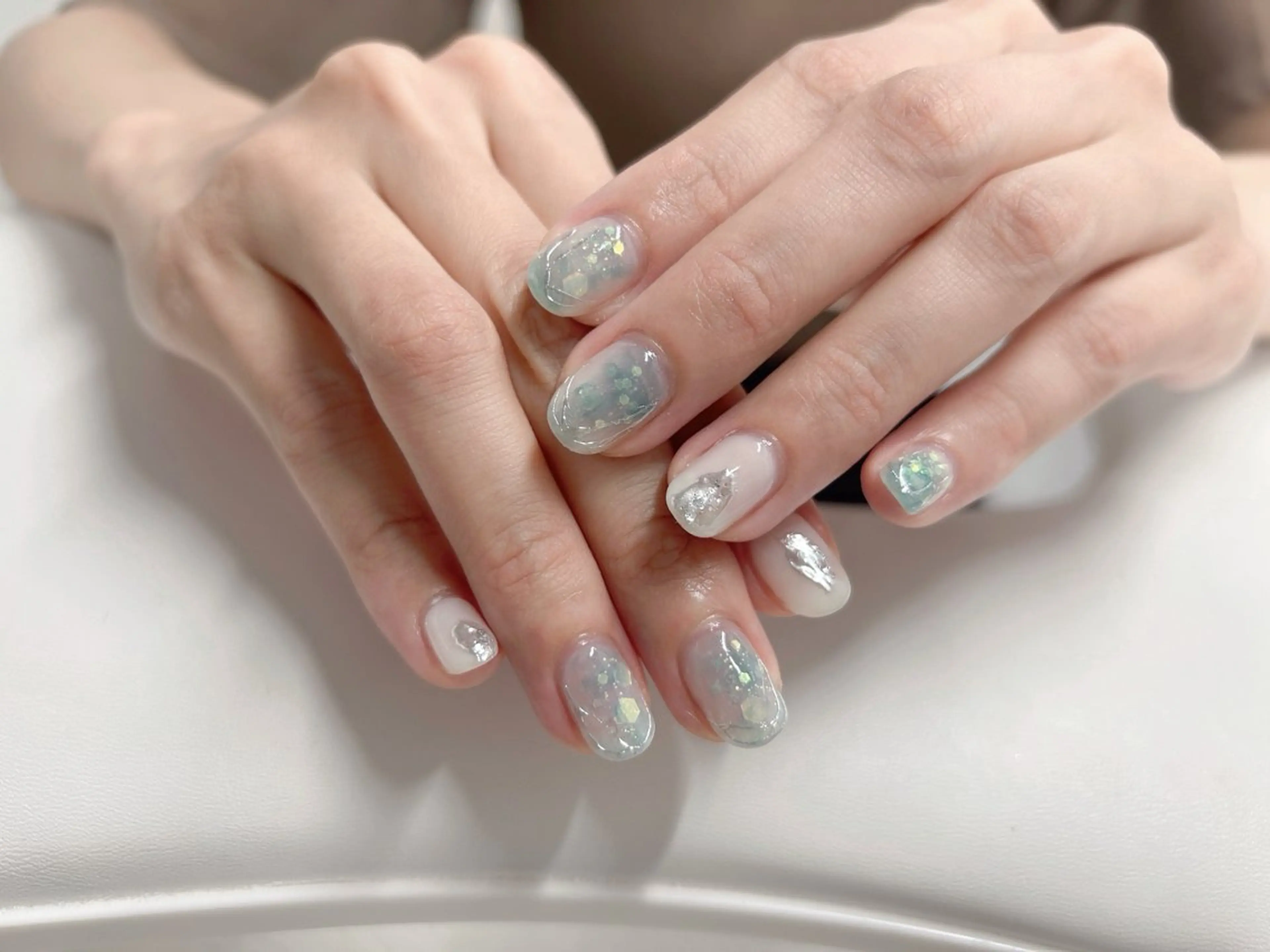 ネイル アートネイル ブルー 桜ネイル ミラーネイル 持ち込み ハンドネイル Forca total studio所属・Forca Airaのネイルデザイン