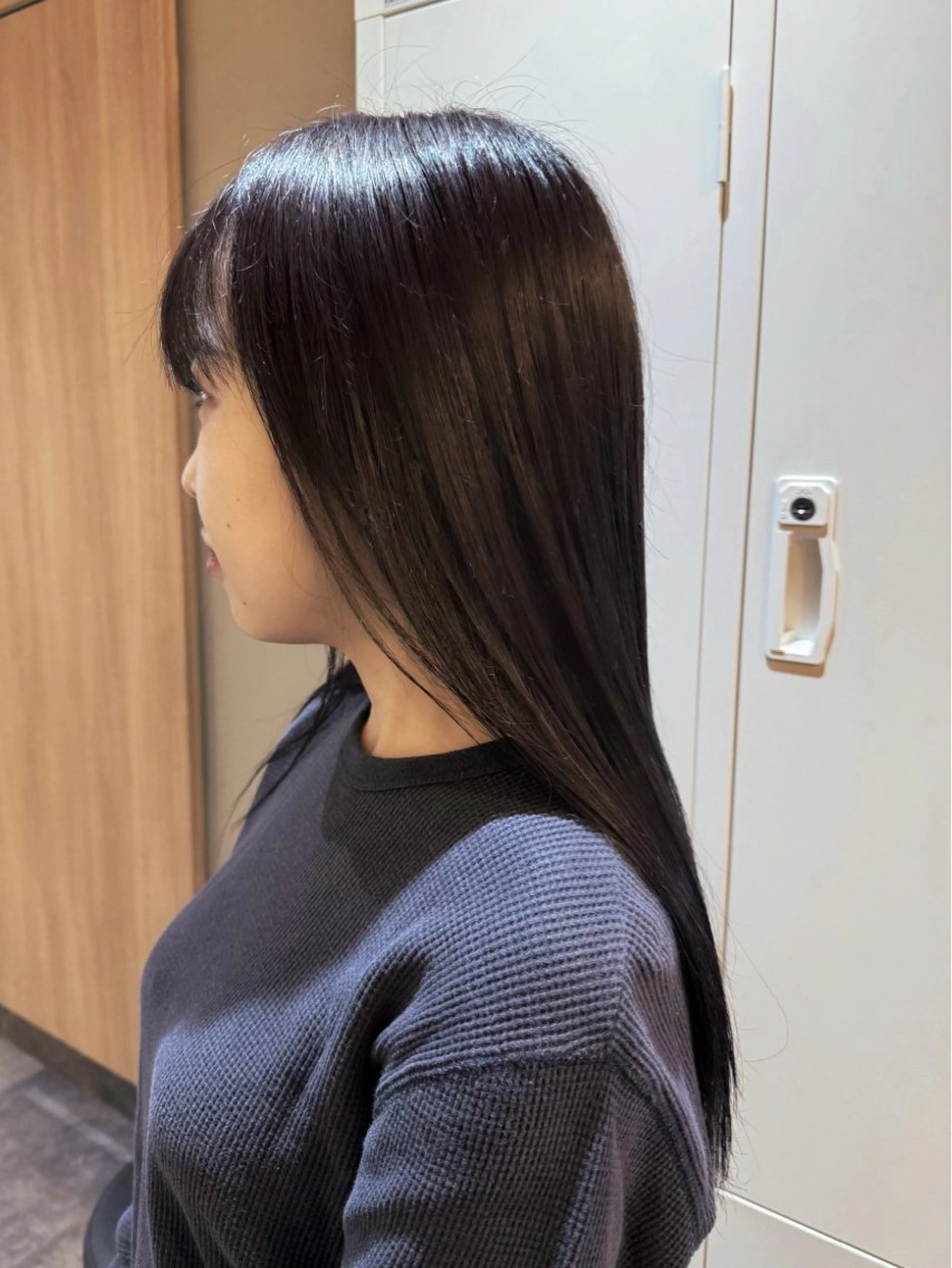 ロング カラー 黒髪 ラベンダーカラー カット ヘアカラー トリートメント ヘアセット ハルカ/透け感カラー /顔周りレイヤーのヘアスタイル