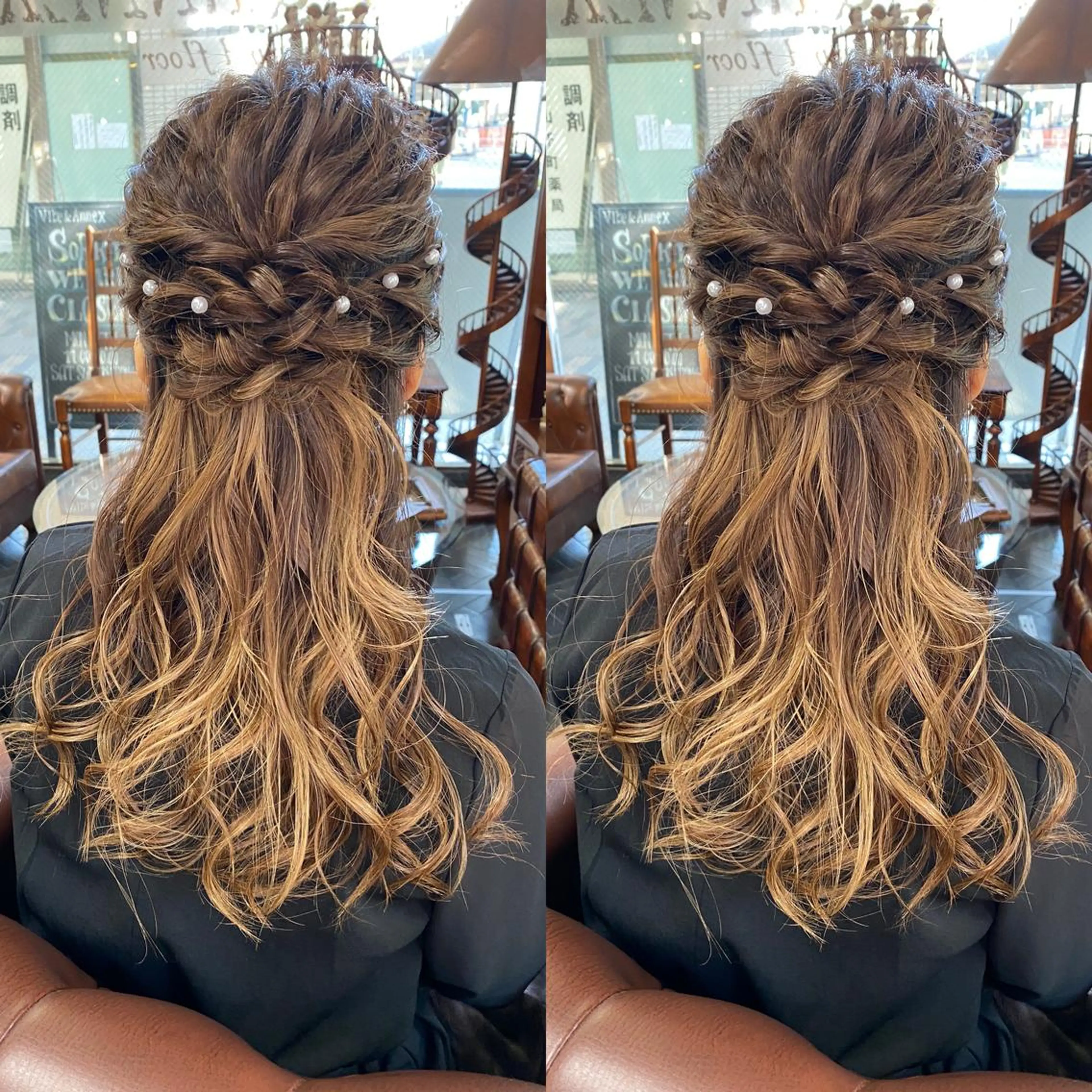 ロング カラー ヘアアレンジ ハーフアップ バレイヤージュ ブリーチ ブロンド ダブルカラー モモカ/ハイトーン /バレイヤージュのヘアスタイル