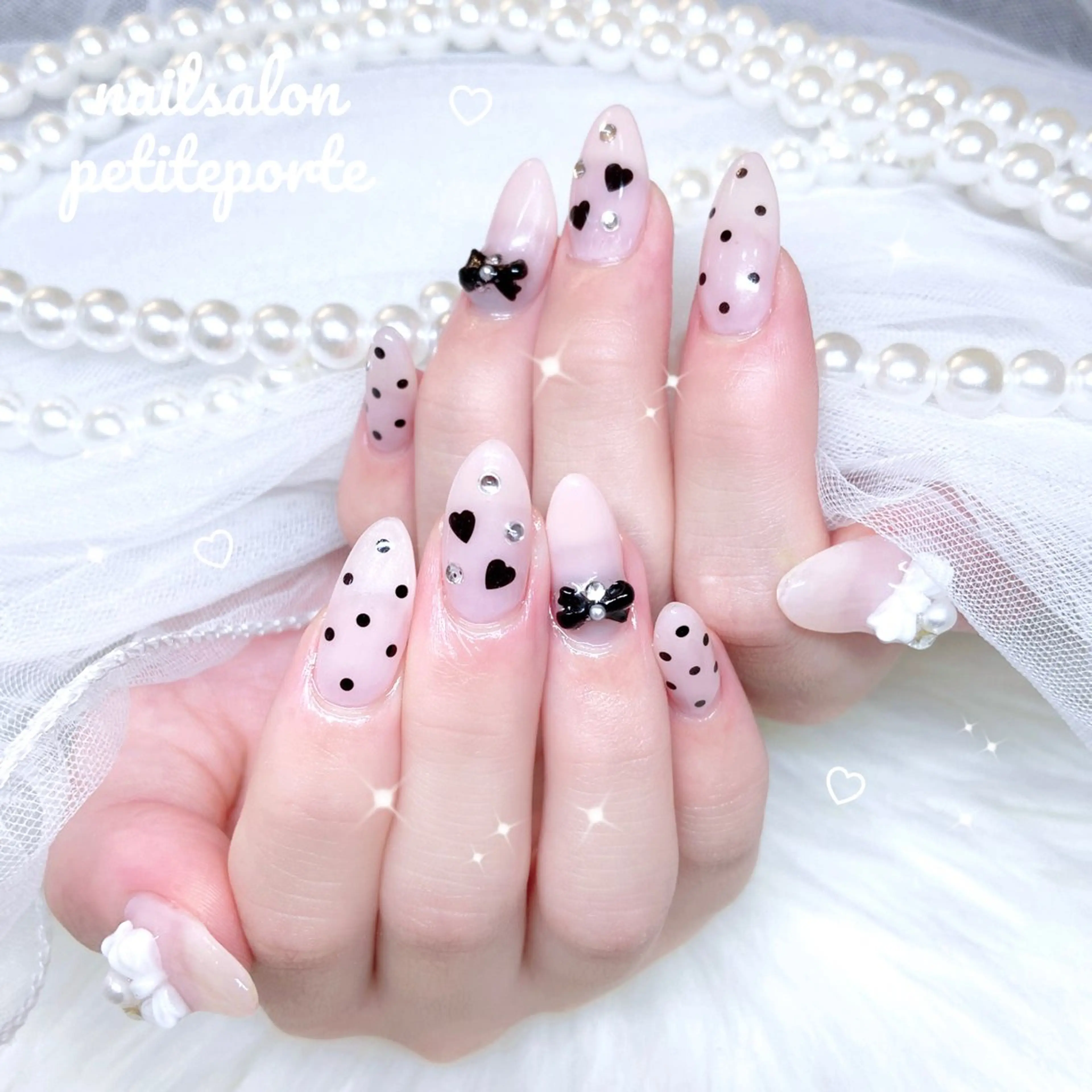 ネイル ドット ガーリー ハート 韓国ネイル リボン ハンドネイル petite porteのネイルデザイン