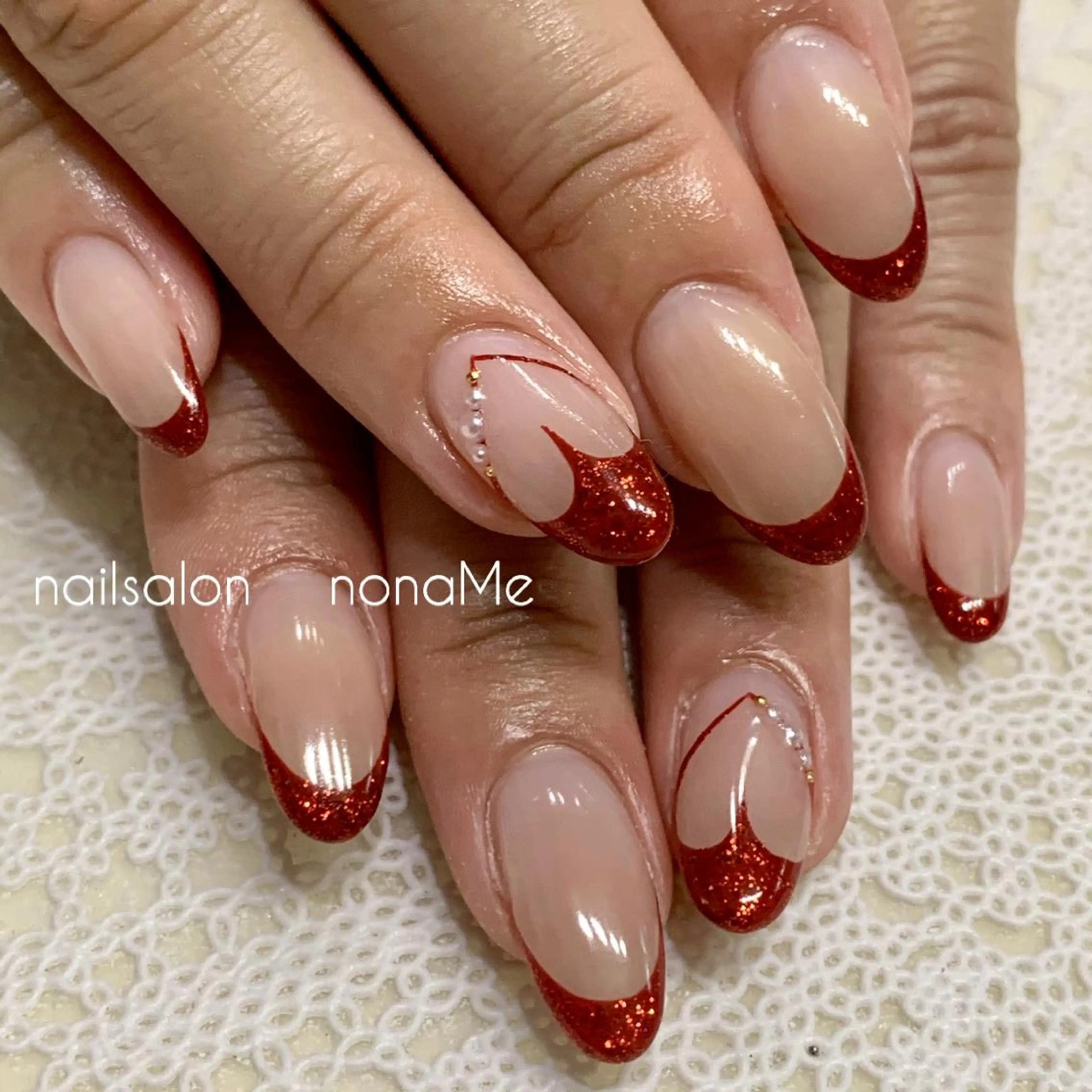 ネイル フレンチネイル ハート キラキラネイル 赤色 バレンタイン nonaMe 森のネイルデザイン