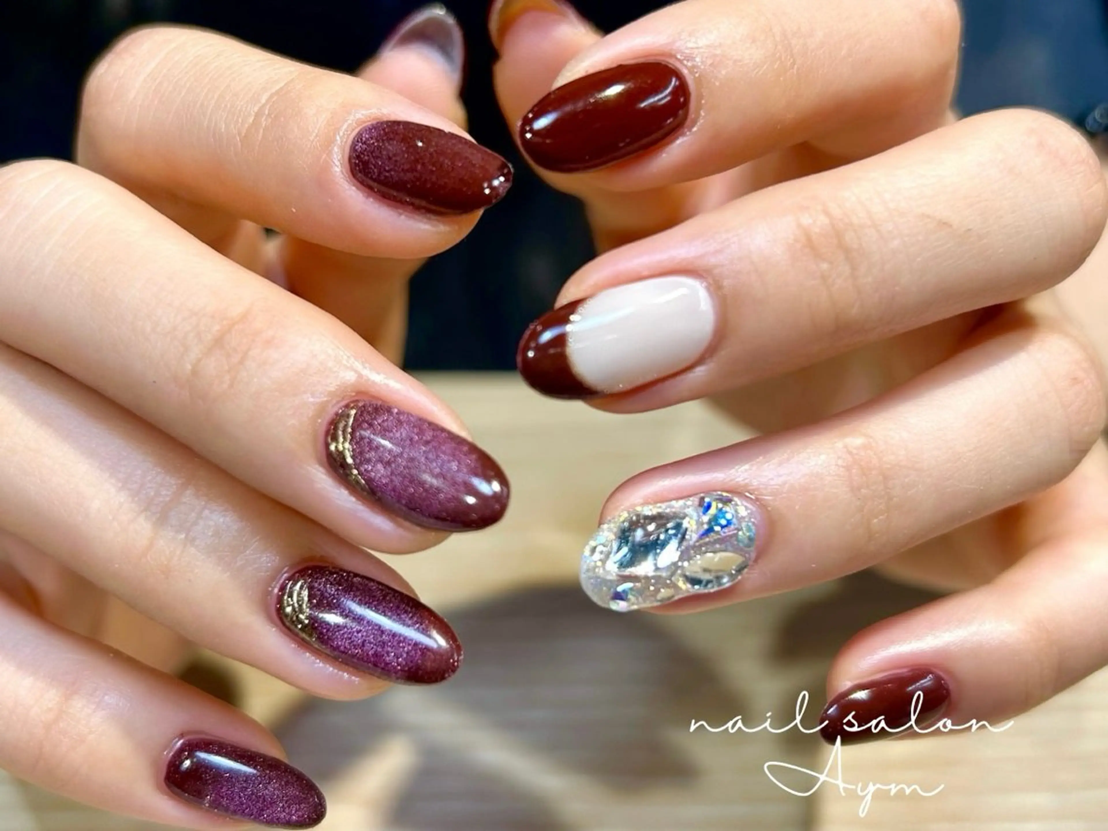 ネイル ボルドー フレンチネイル マグネットネイル 持ち込み 冬ネイル nail salon Aymのネイルデザイン