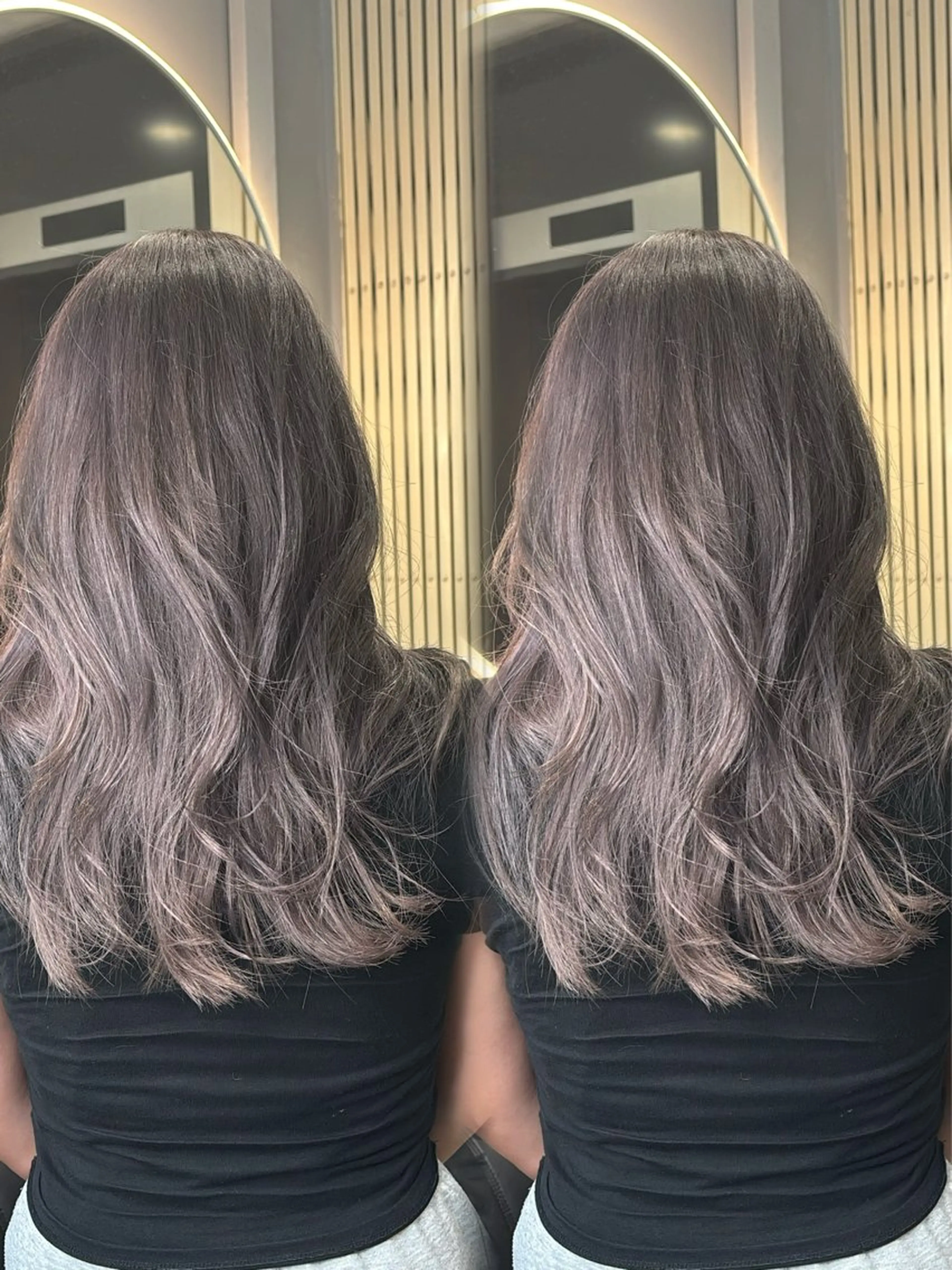 ロング カット ヘアカラー トリートメント 韓国ヘア/ブリーチ無 しWカラー/オリーブのヘアスタイル