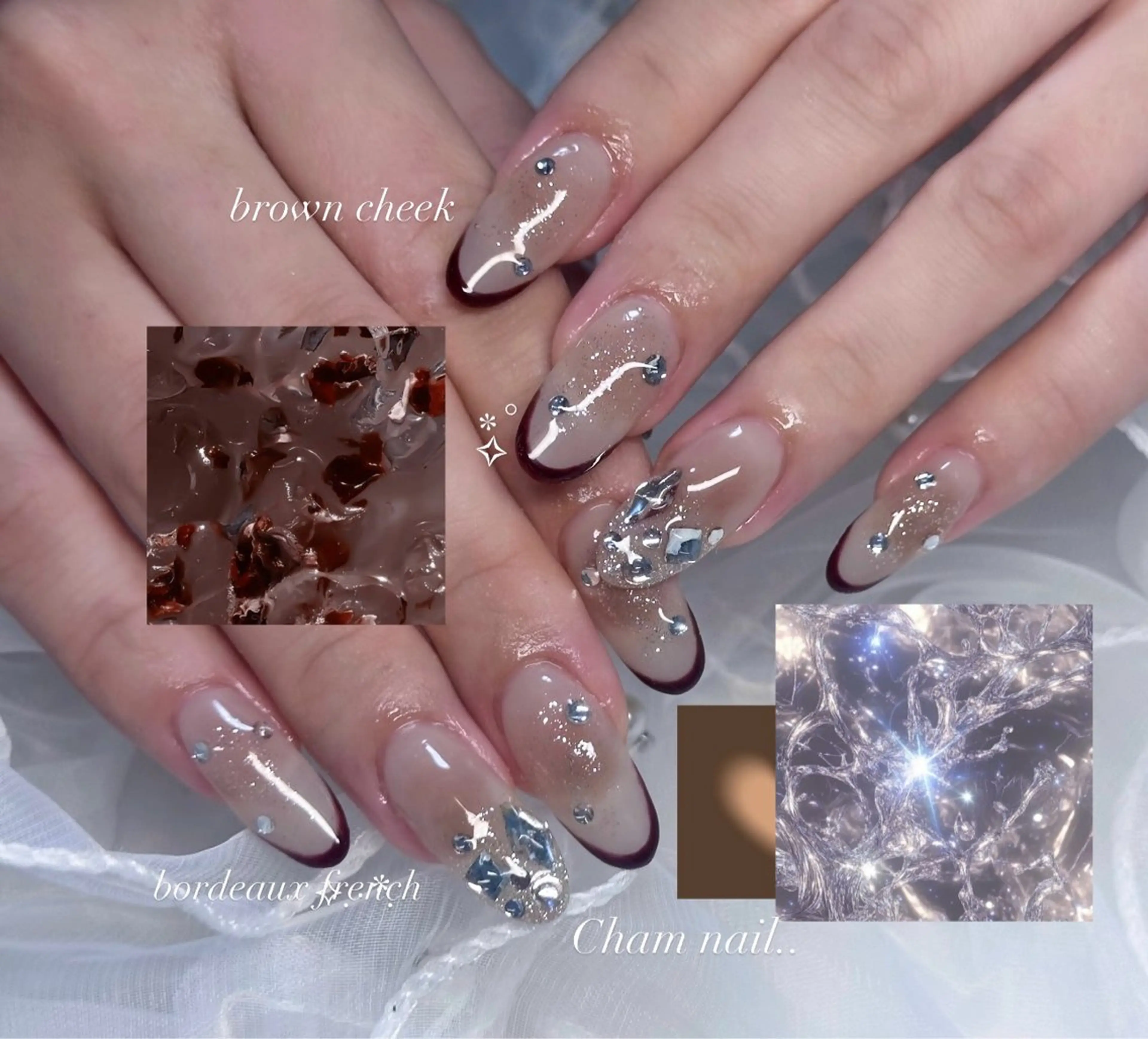 ネイル ボルドー チークネイル フレンチネイル キラキラネイル ハンドネイル Cham Haruneのネイルデザイン