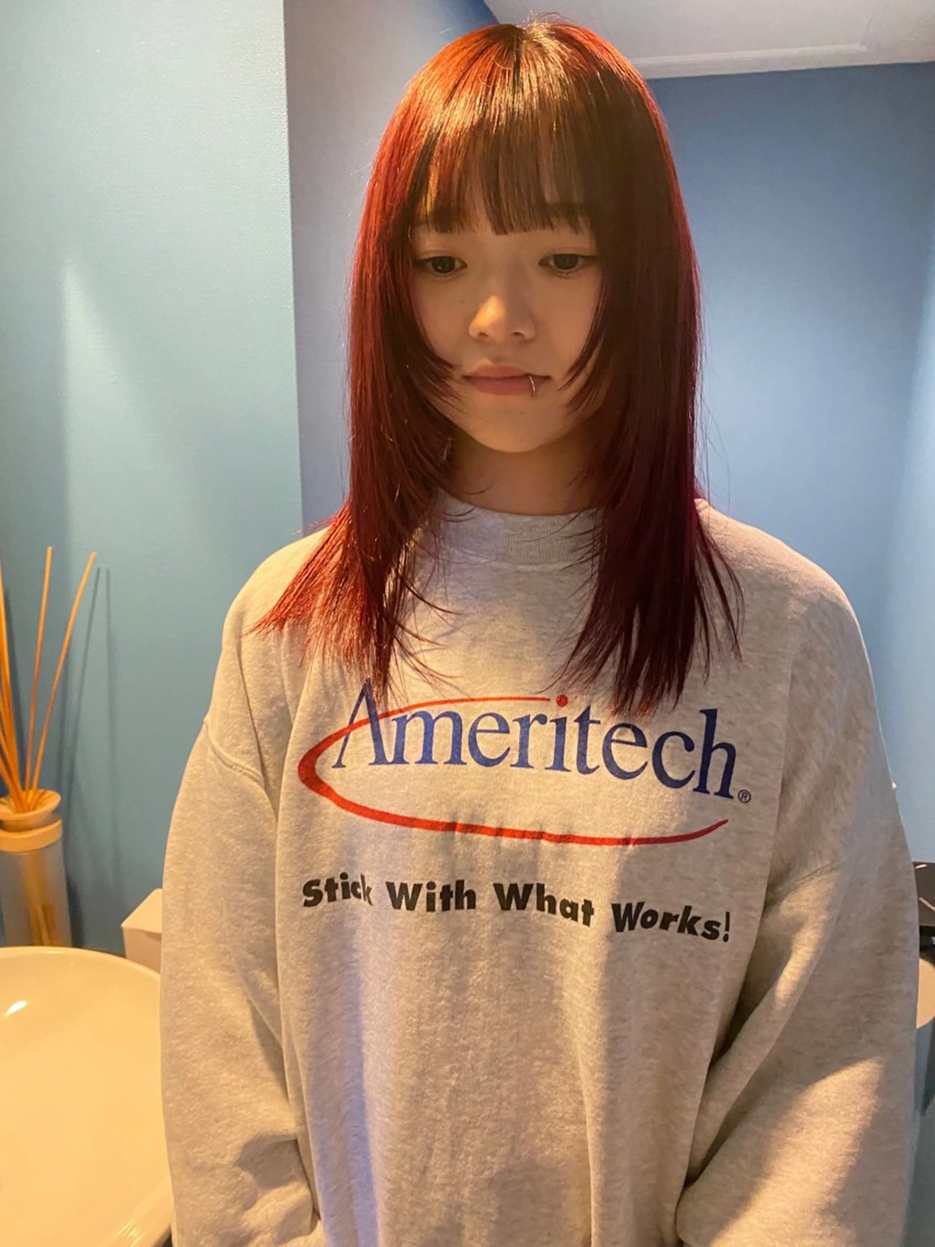 ミディアム カラー パーマ ヘアアレンジ レッドカラー 広島/ボブ/レイヤー 🌿‬wakabaのヘアスタイル