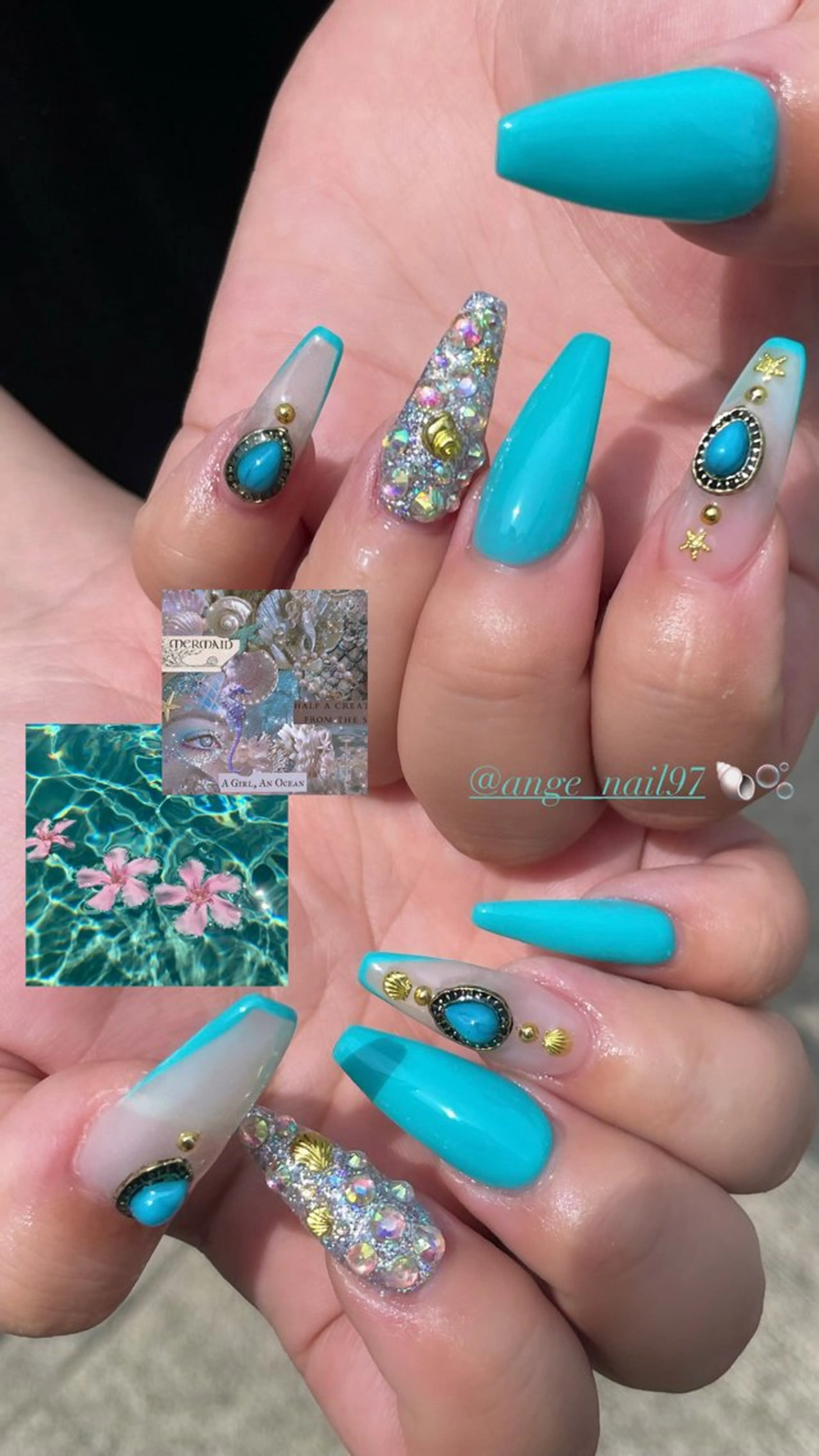 ネイル ブルー ラメ(グリッター) ロングネイル スカルプネイル 夏ネイル ハンドネイル Nail salon 🎀Angeのネイルデザイン