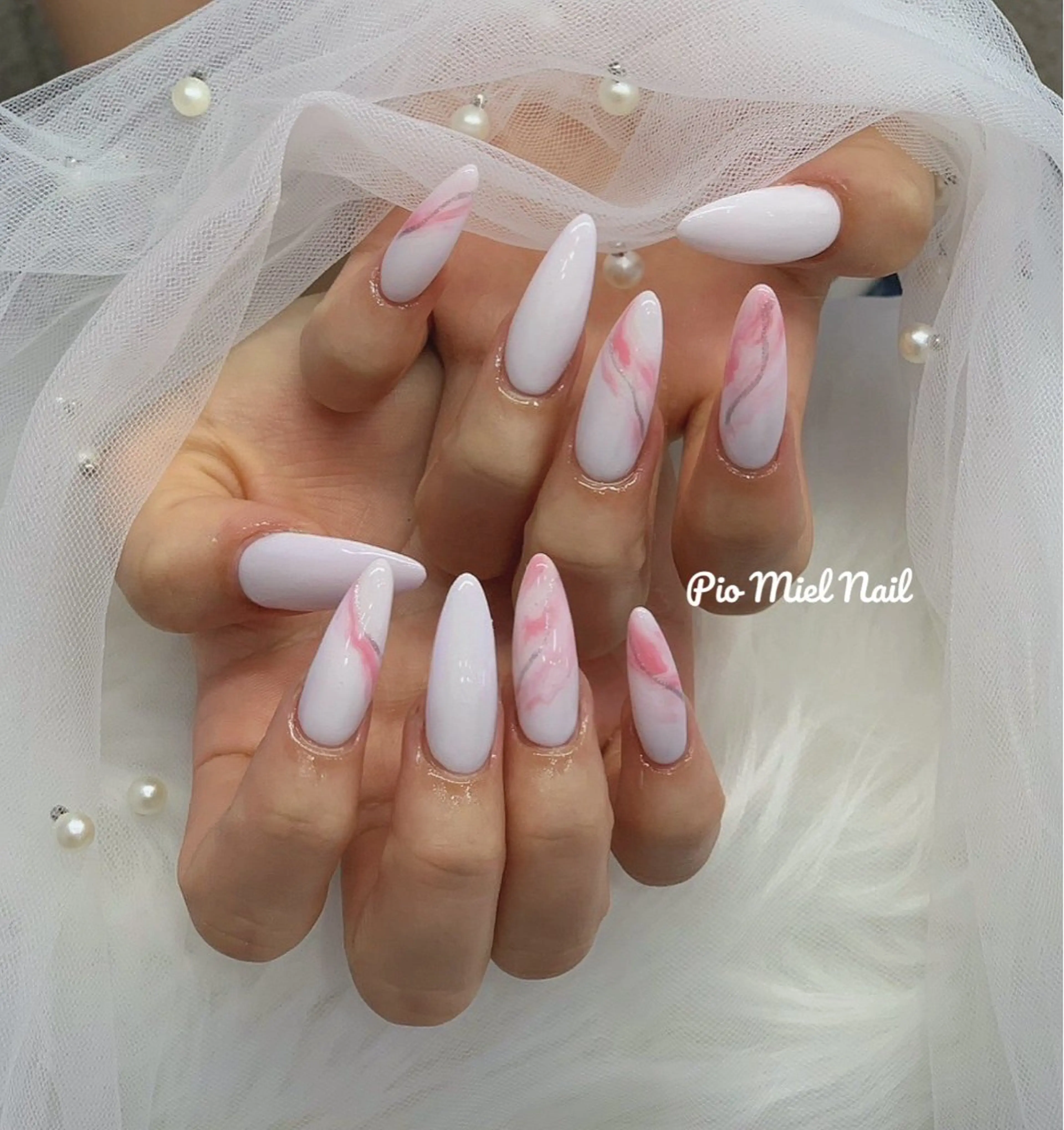 ネイル アートネイル ジェルネイル ガーリー 大理石ネイル(マーブル) マットネイル ハンドネイル momo 長さだしのネイルデザイン