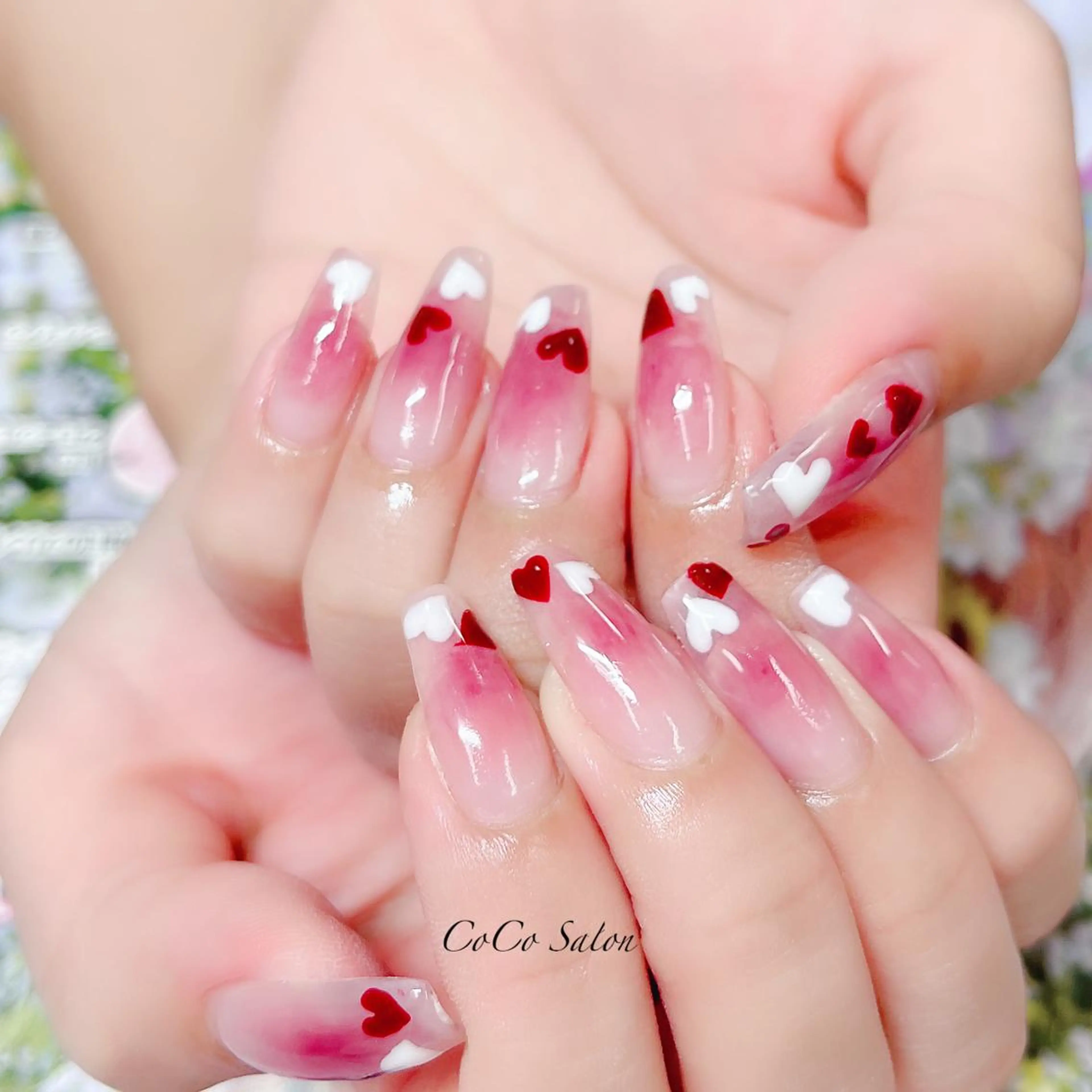 ネイル チークネイル 成人式 長さ出し ジェルネイル ハート ハンドネイル CoCoSalon ネイル/まつ毛予約のネイルデザイン