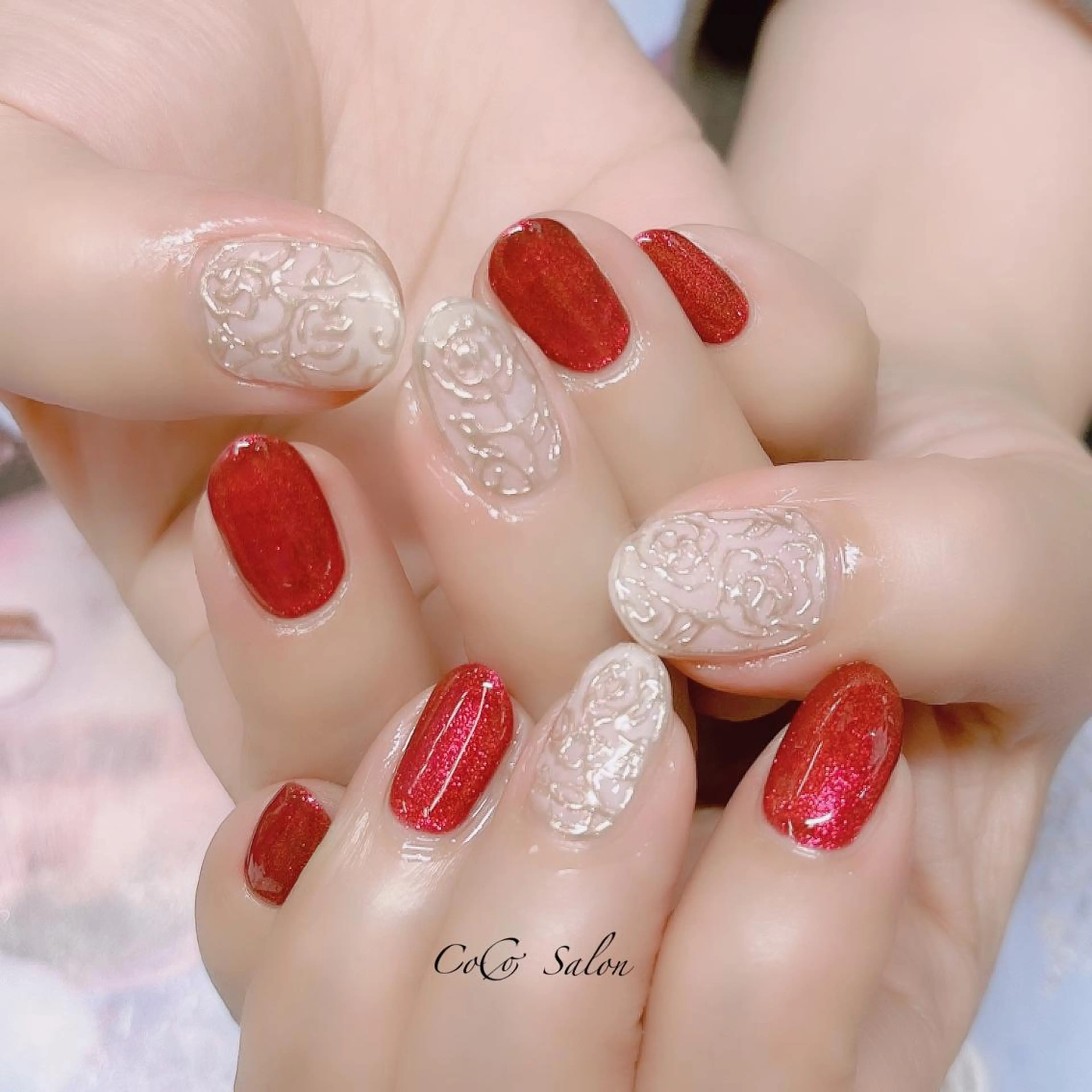 ネイル 長さ出し フラワーネイル ジェルネイル キラキラネイル レース CoCoSalon ネイル/まつ毛予約のネイルデザイン