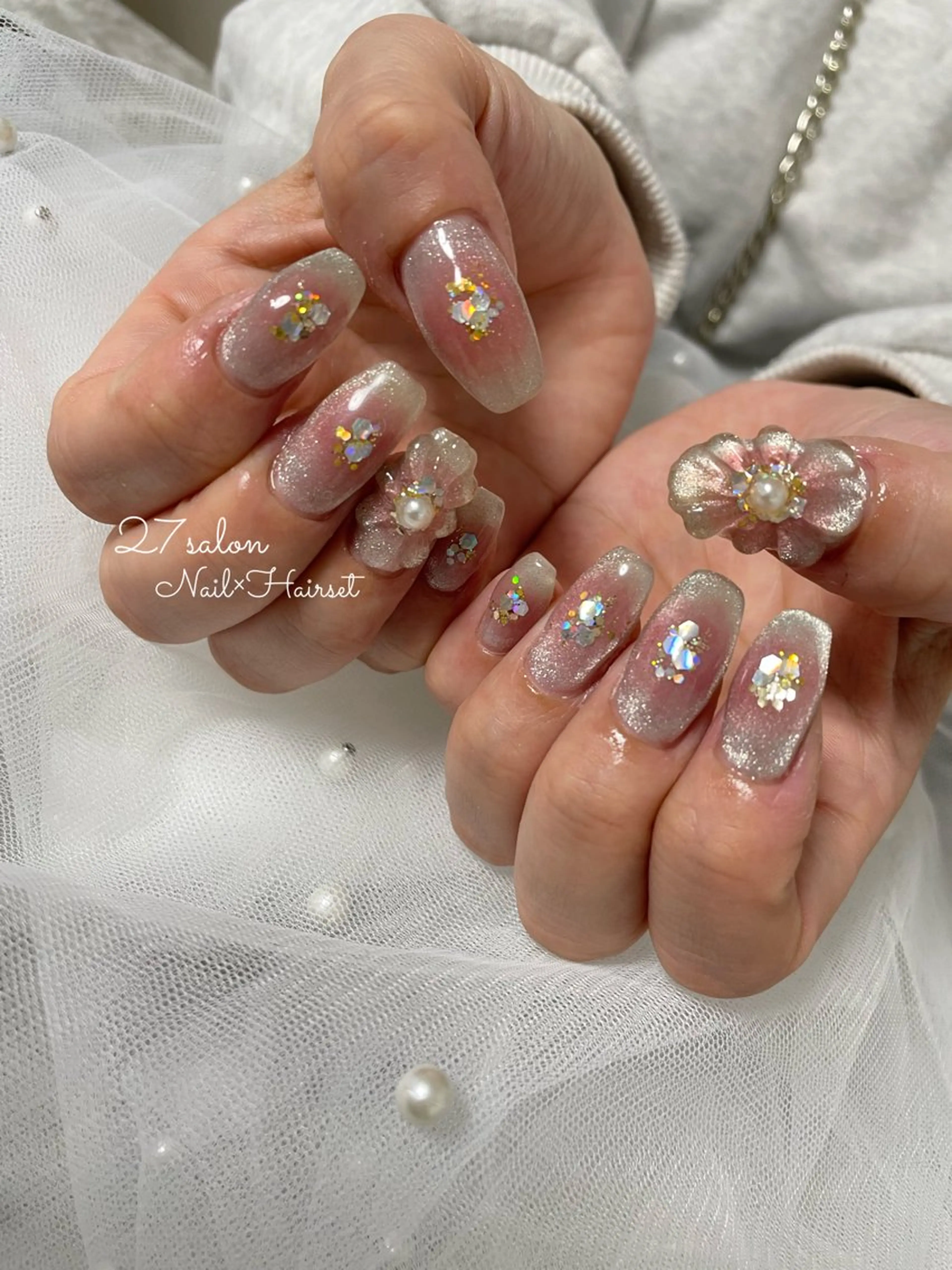 ネイル チークネイル フラワーネイル マグネットネイル ぷっくりネイル 27salon yuinaのネイルデザイン