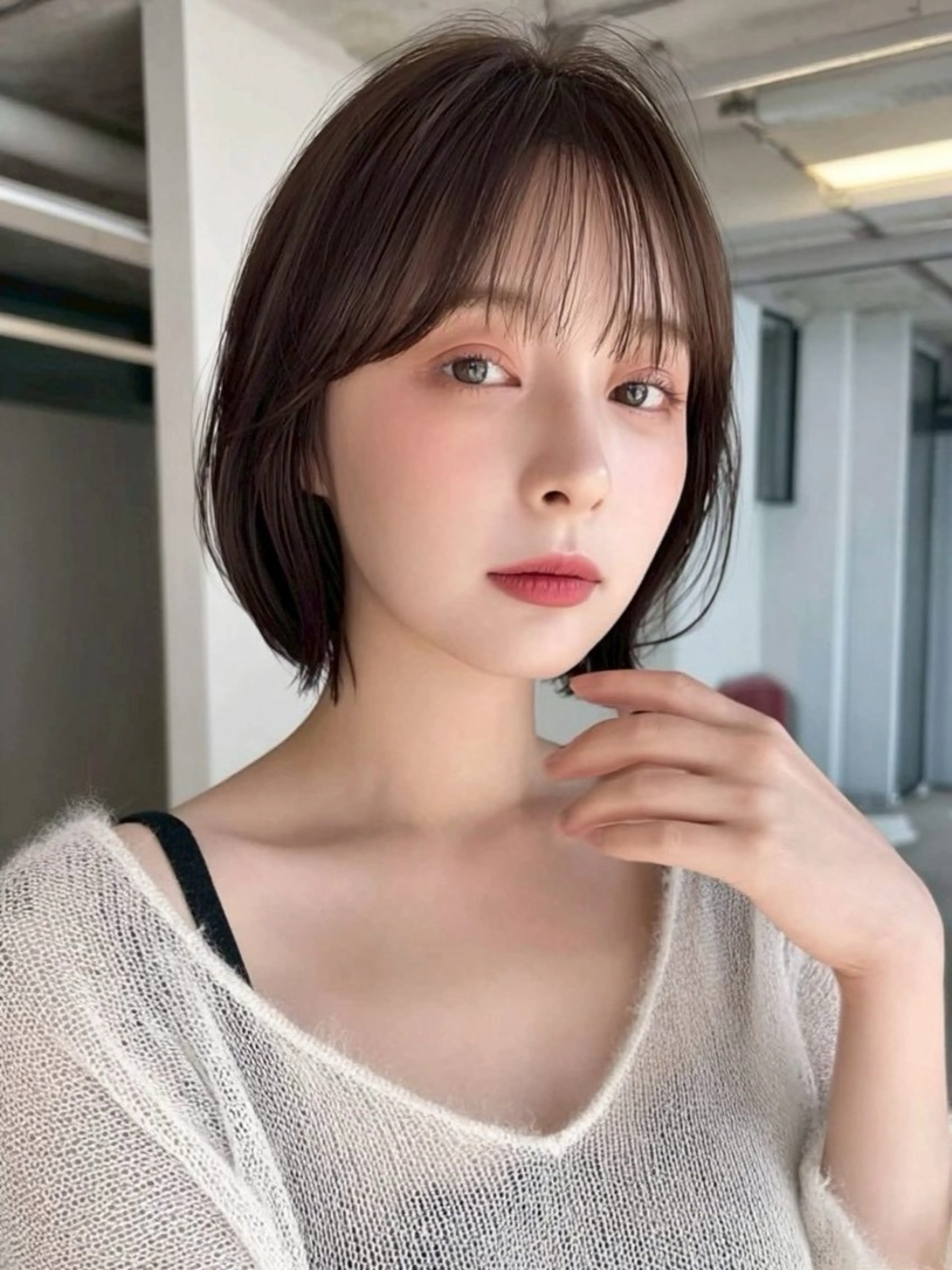 ミディアム ボブレイヤー ボブ 顔まわりレイヤー 韓国風ヘア レイヤーカット 岡田 望愛🫧のヘアスタイル