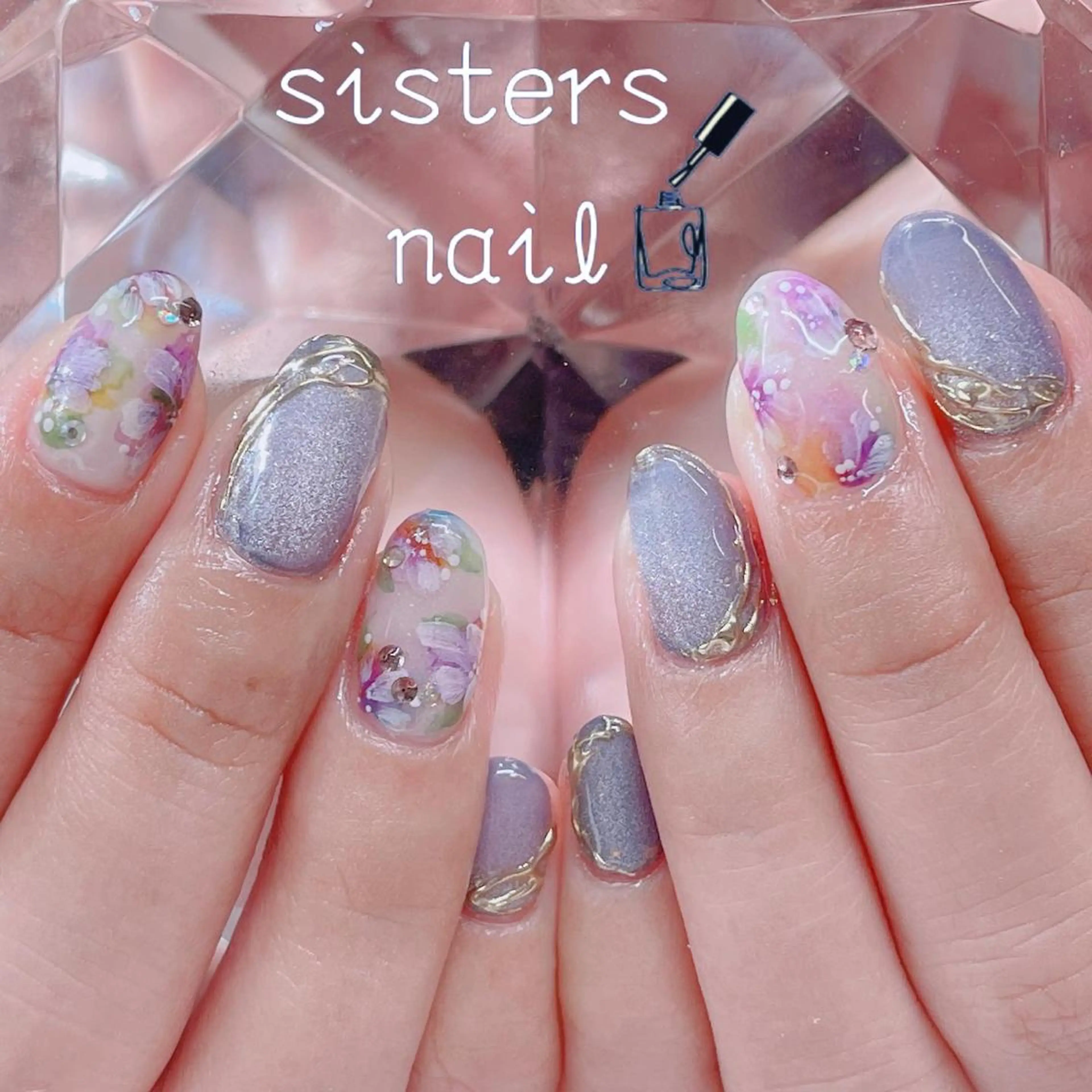 ネイル アートネイル フラワーネイル マグネットネイル ミラーネイル パープル sisters nail.fのネイルデザイン
