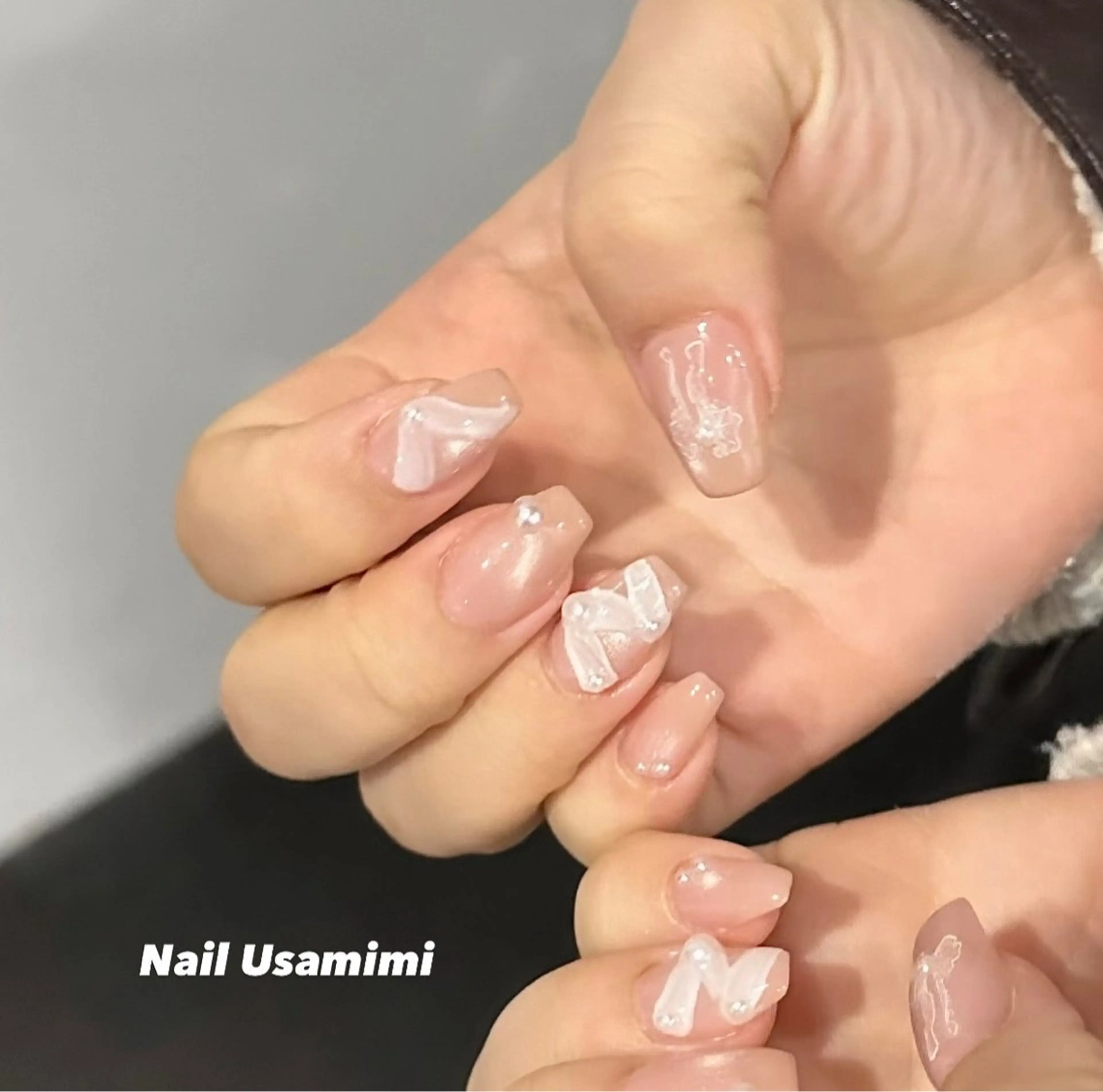 ネイル 韓国ネイル ピンク リボン ワンホンネイル 冬ネイル ハンドネイル 本町ネイルNail UsaMimiのネイルデザイン
