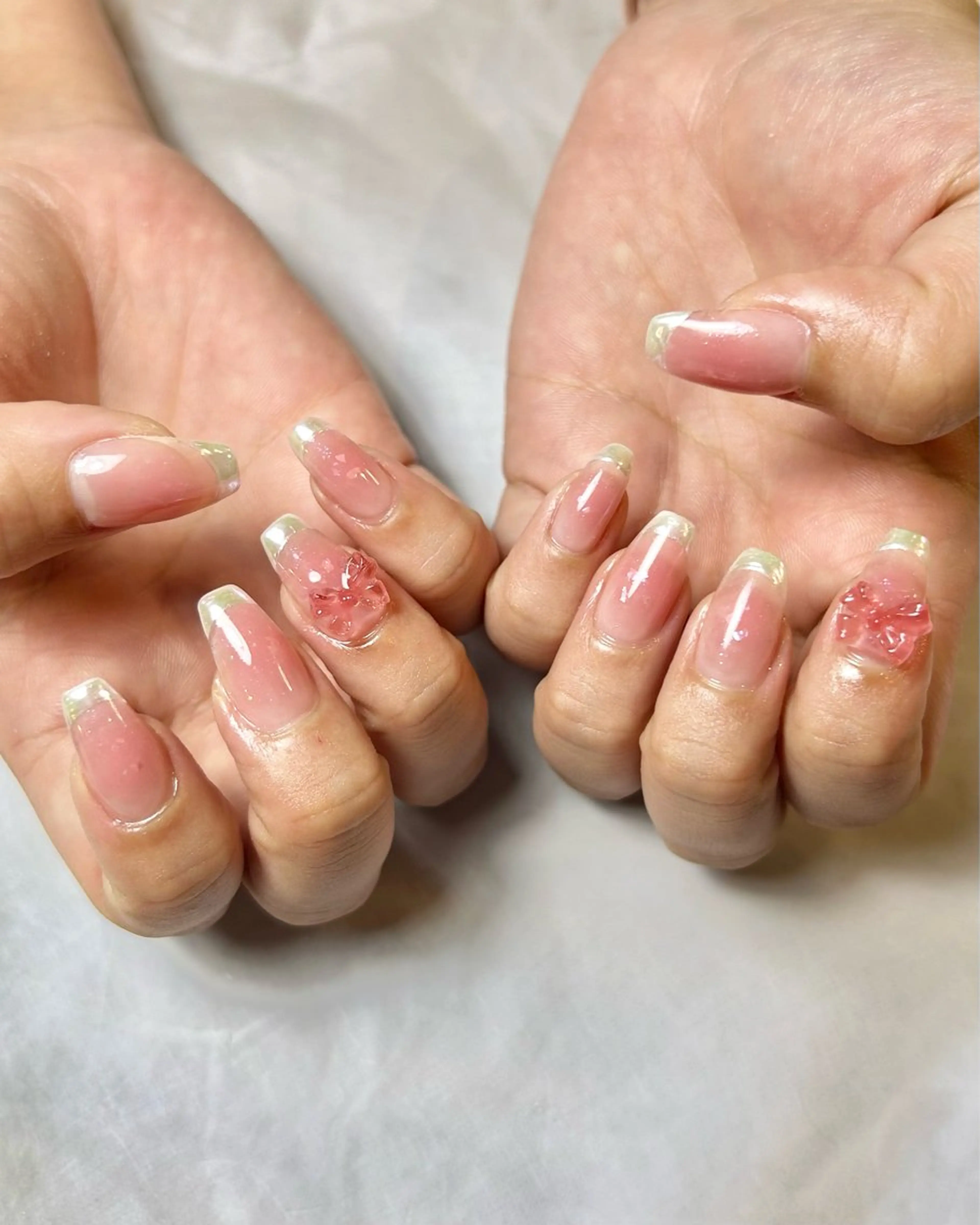 ネイル チークネイル クリアネイル 持ち込み ピンク リボン ハンドネイル Reflection marikoのネイルデザイン