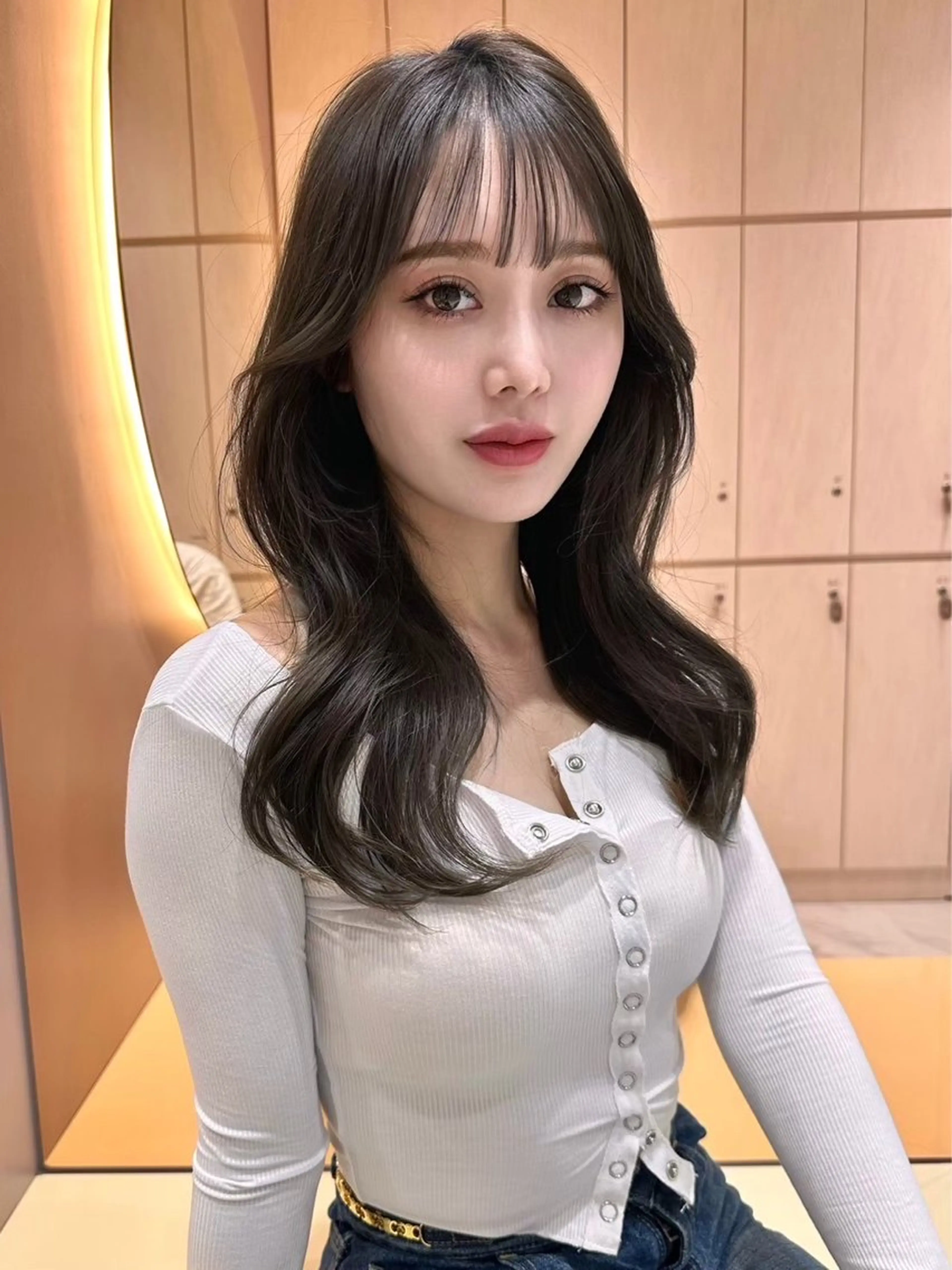 ロング チョコレートブラウン ピンクブラウン くびれヘア ヨシンモリ 韓国風ヘア カット ヘアカラー レイヤー縮毛矯正 ささきすずね💗のヘアスタイル