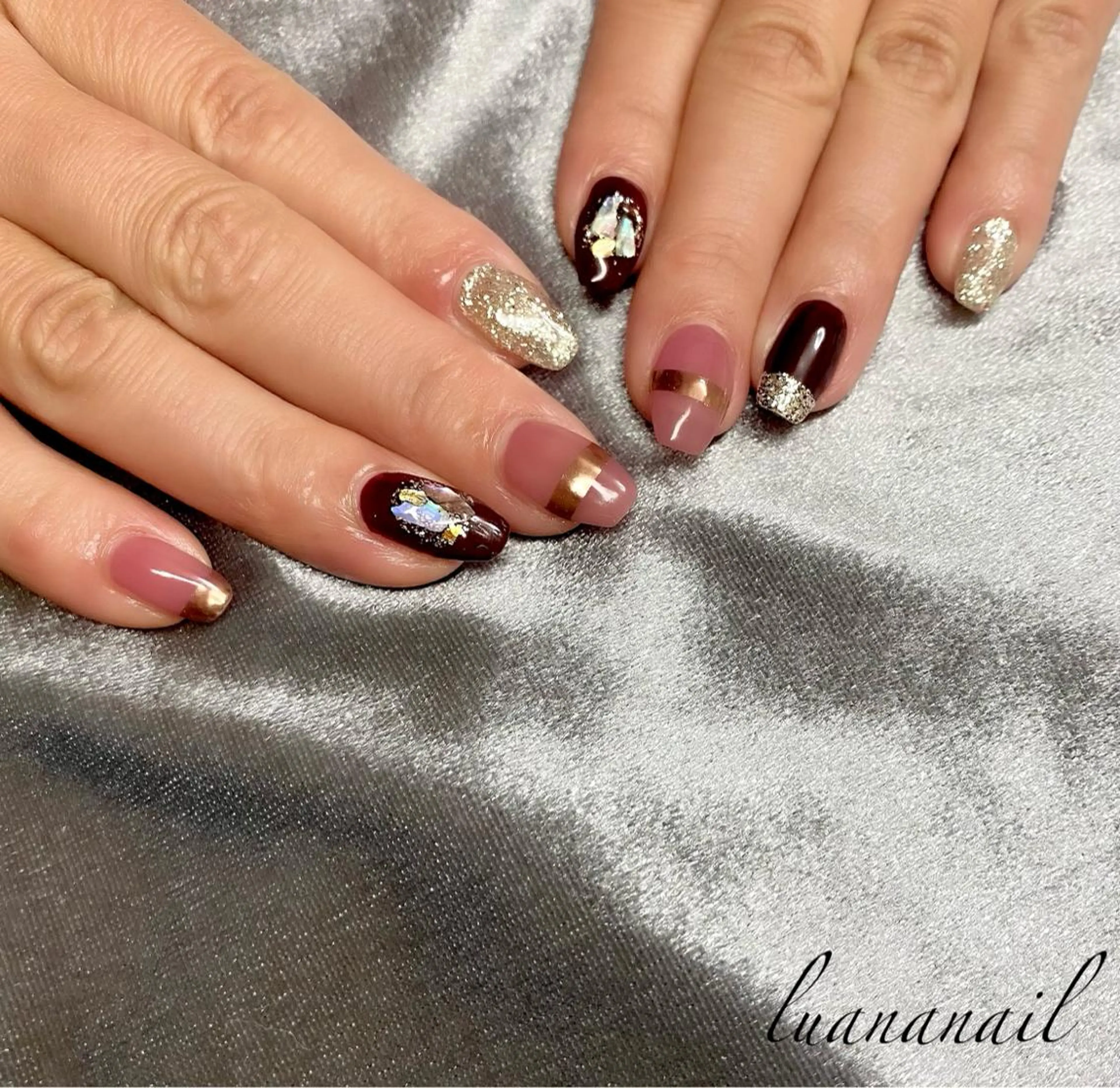 ネイル ボルドー ピンク ハンドネイル luana nailのネイルデザイン