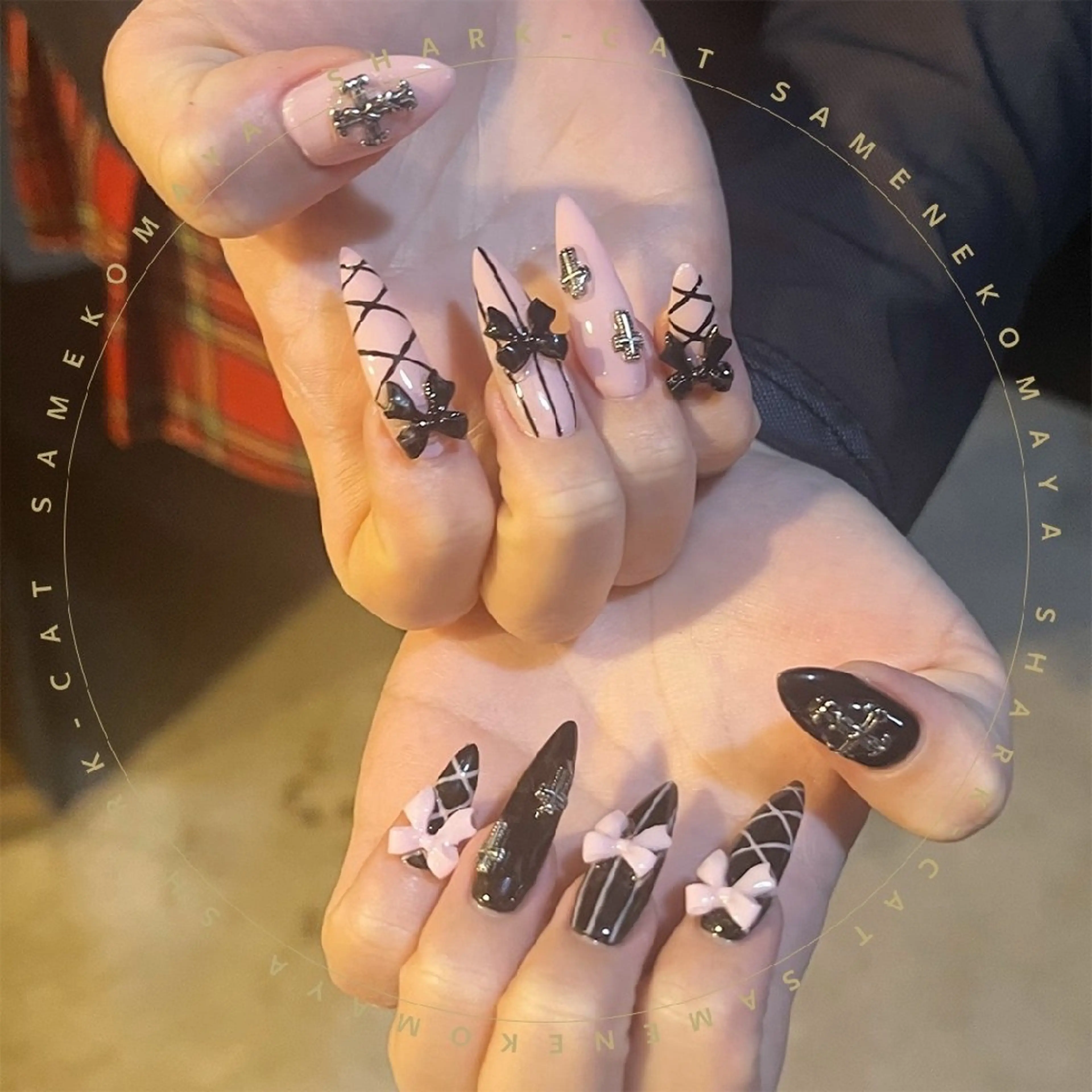 ネイル ロングネイル 持ち込み ハンドネイル サメ猫 マーヤのネイルデザイン