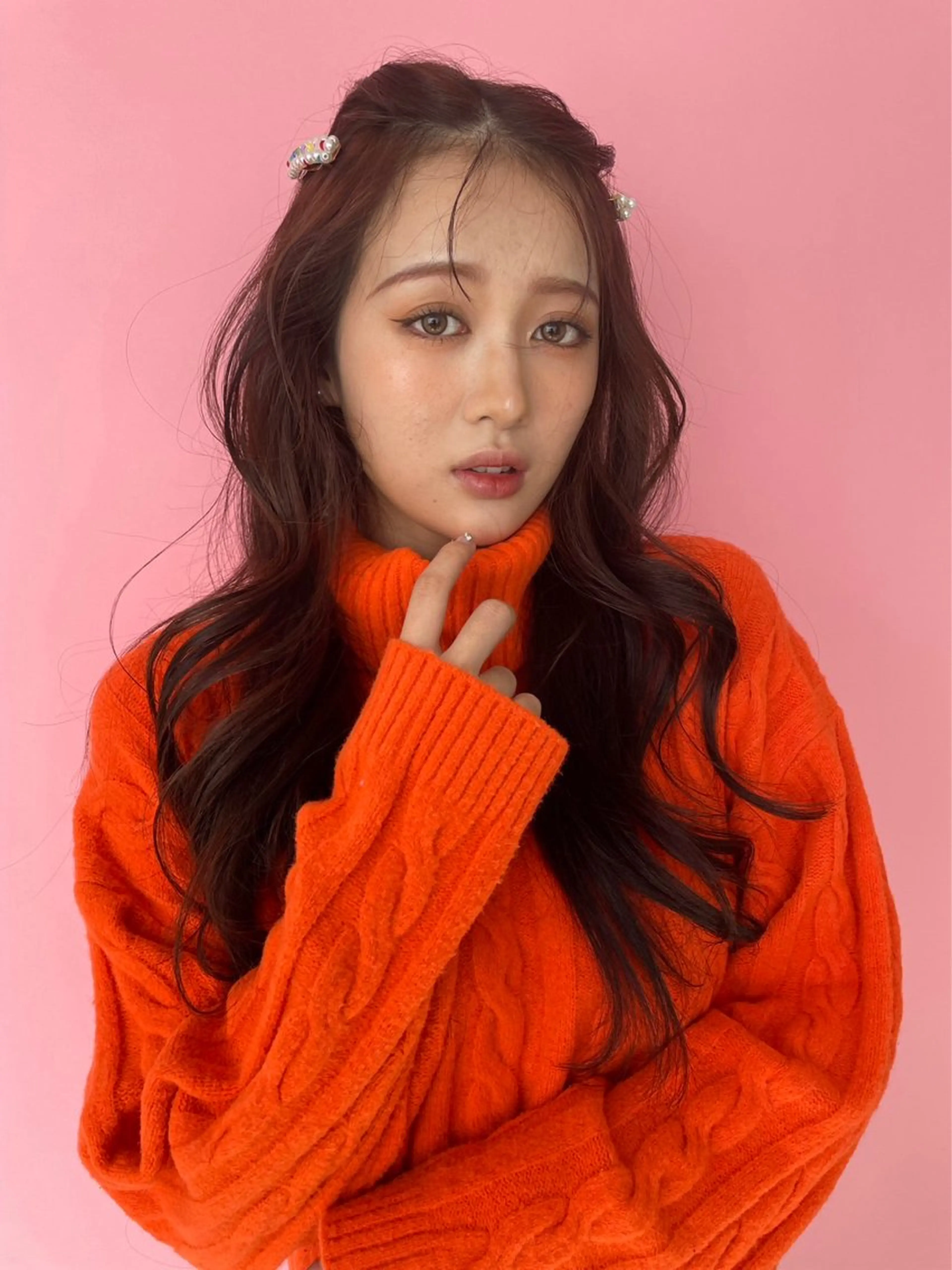 ロング カラー ブラウンカラー ピンクカラー ピンクブラウン くびれヘア レイヤーカット MINAMO 韓国レイヤーのヘアスタイル