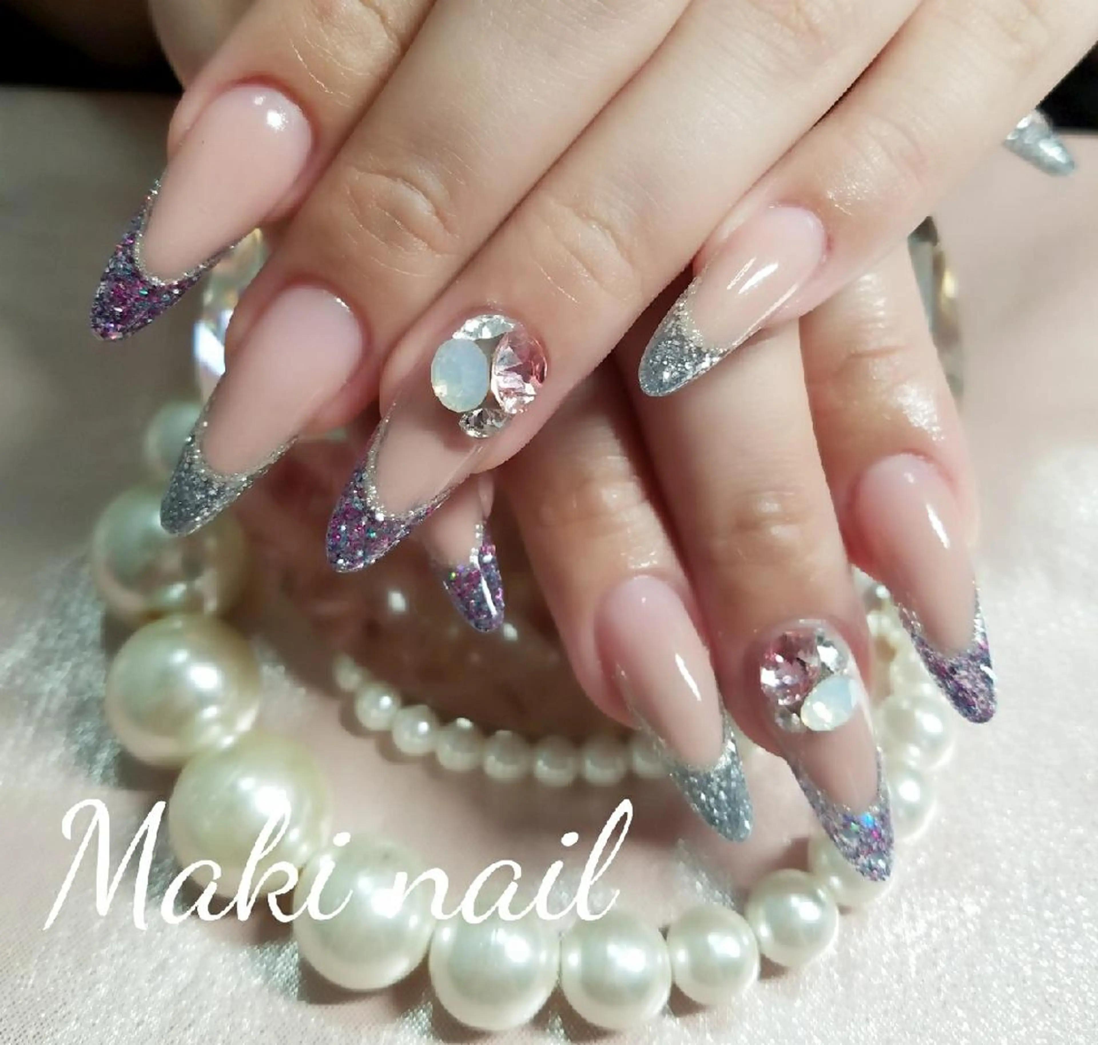 ネイル ロング フレンチネイル ラメ(グリッター) スカルプネイル   MAKI NAILのネイルデザイン