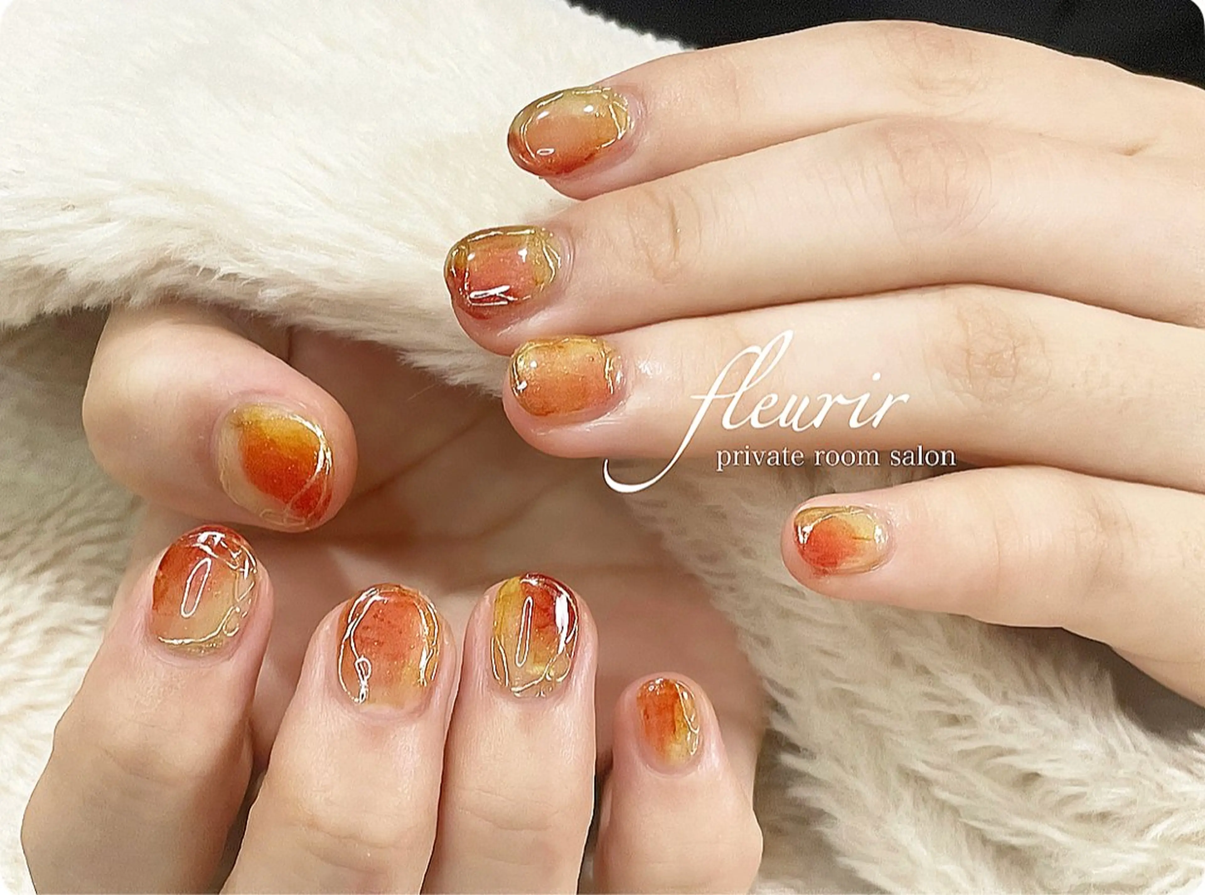 ネイル アートネイル ゴールド ミラーネイル オレンジ フルリール 【プライベートサロンのネイルデザイン