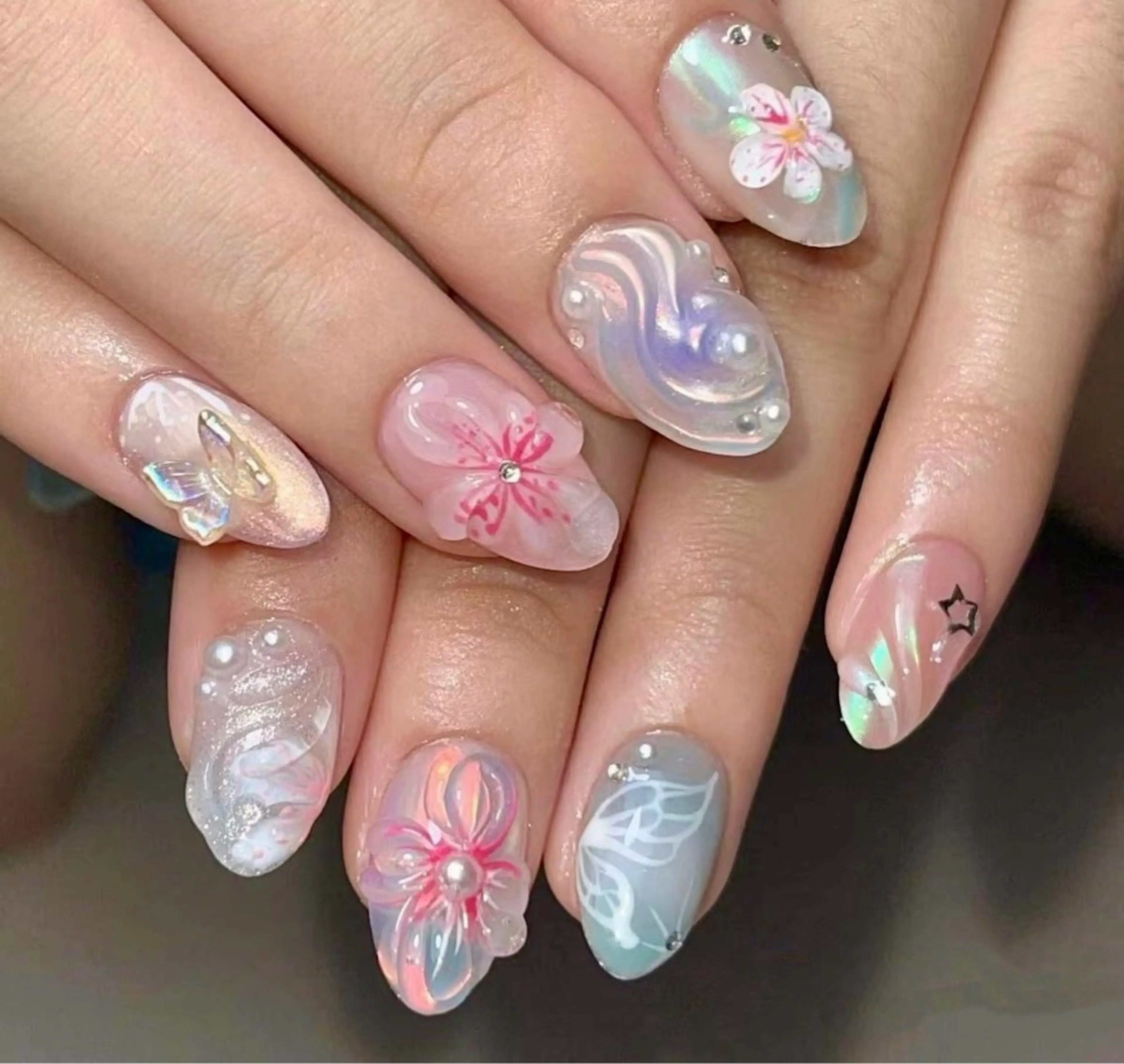 ネイル オーロラネイル クリアネイル 長さ出し フットネイル フレンチネイル ハンドネイル リボン、ガーリー パーツ放題専門店のネイルデザイン