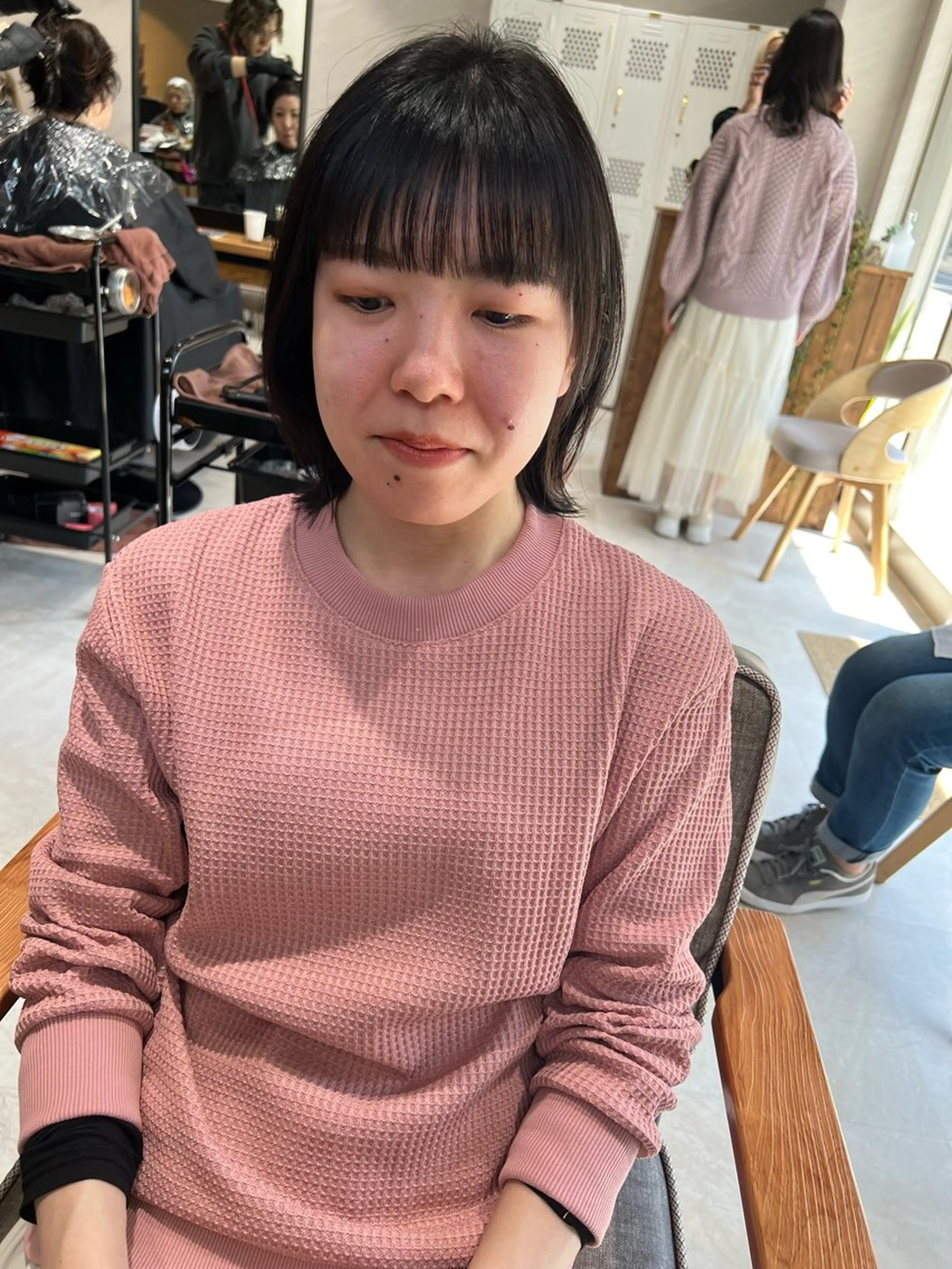 ミディアム 切りっぱなしボブ ボブ カット ヘアカラー トリートメント 艶ボブ🤎暖色カラー 縮毛矯正/メンズ💈のヘアスタイル