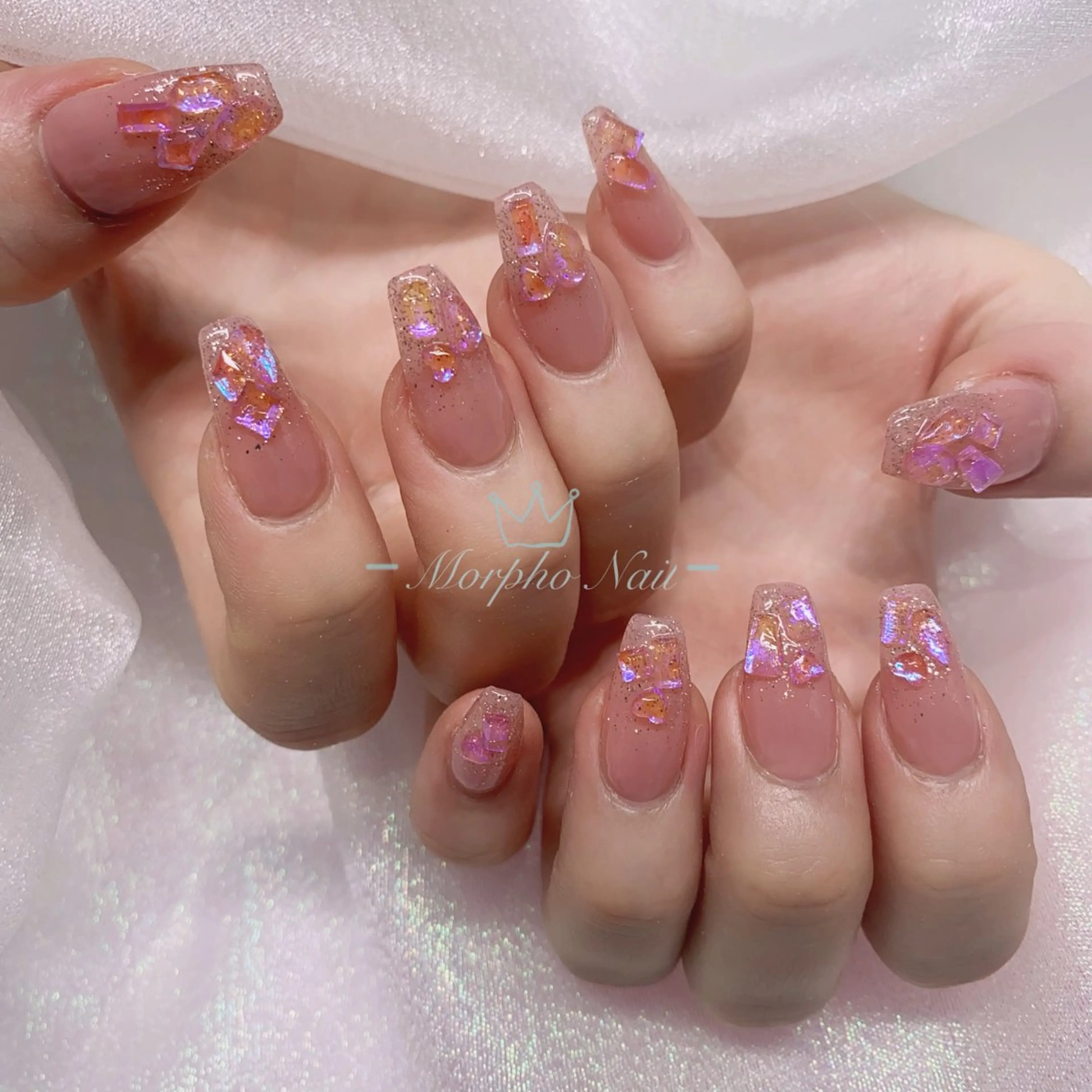 ネイル 長さ出し ジェルネイル キラキラネイル 大理石ネイル(マーブル) ニュアンスネイル Morpho nailのネイルデザイン