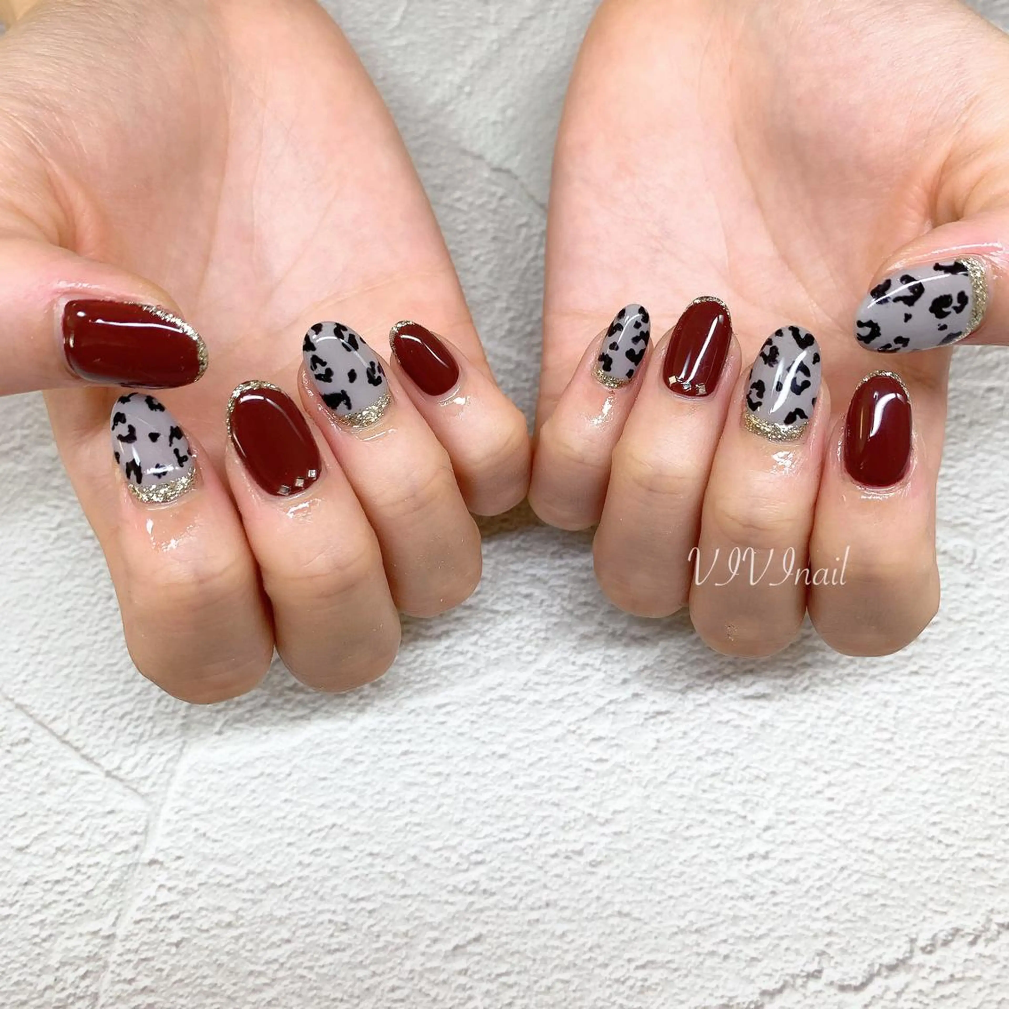ネイル アニマル柄 ボルドー ハンドネイル vivi nailのネイルデザイン