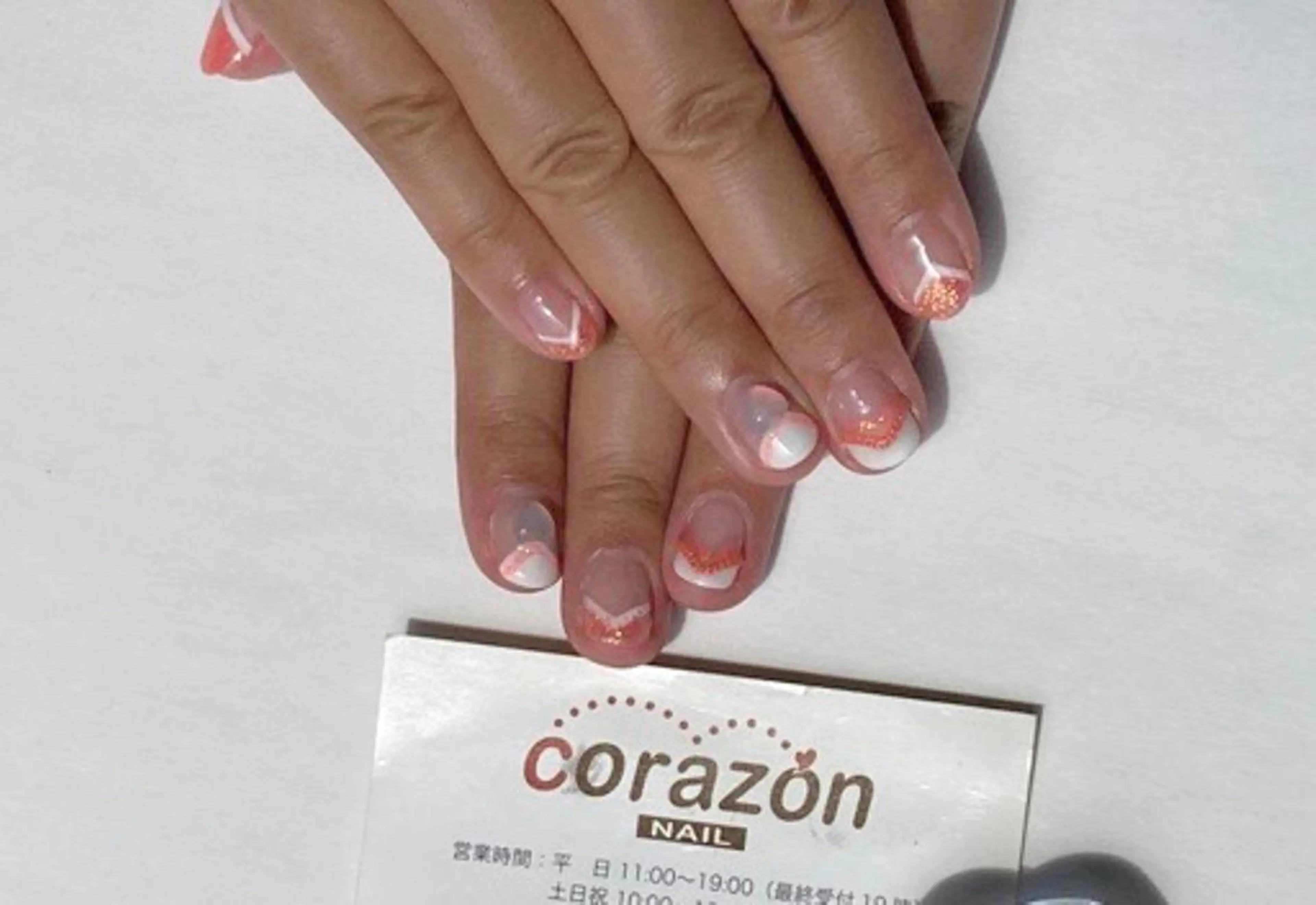 ネイル クリアネイル ハート ラメ(グリッター) オレンジ ピンク corazon所属・ネイリスト aicoのネイルデザイン