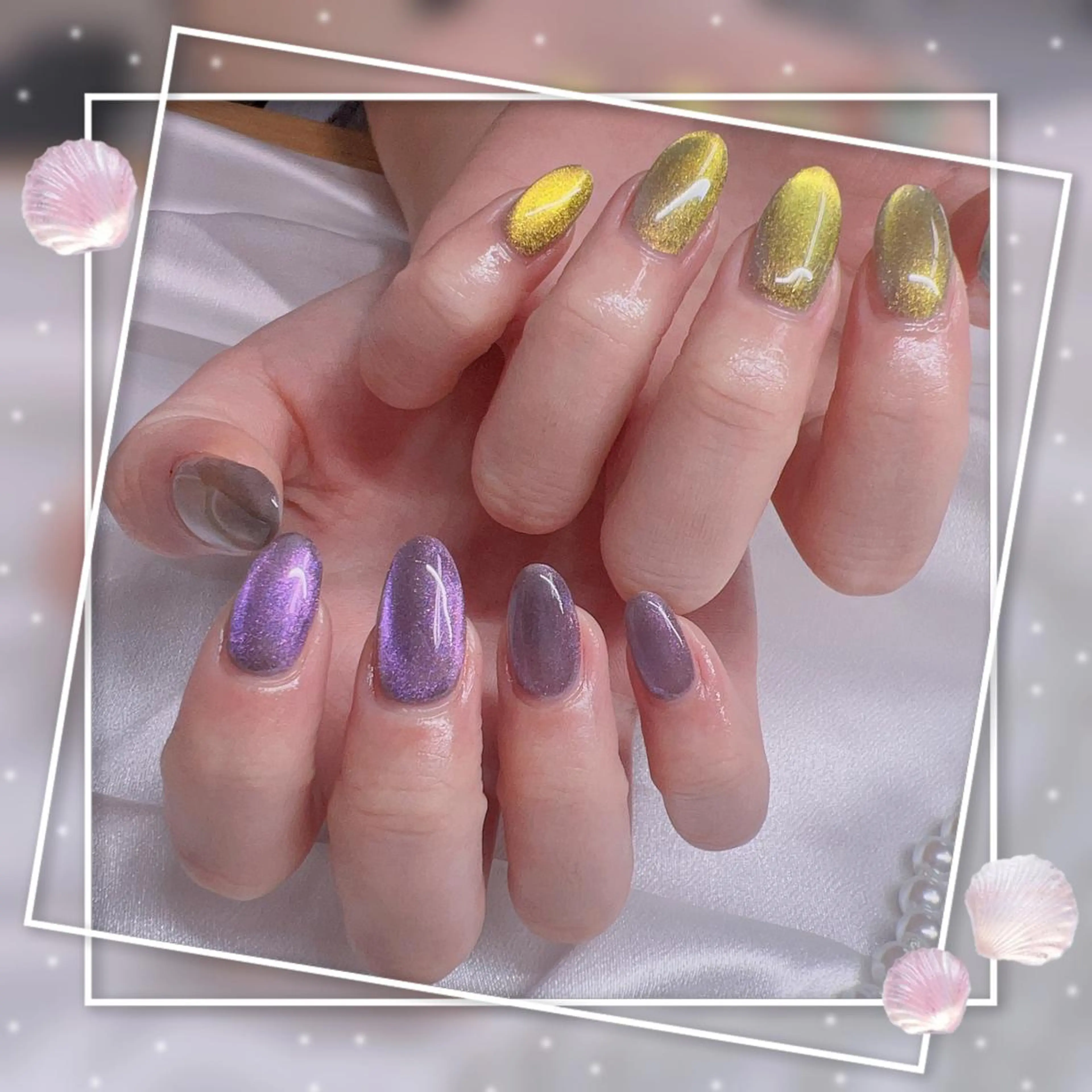 ネイル フレンチネイル キラキラネイル 韓国ネイル マグネットネイル マグネットフレンチ ハンドネイル ハンドケア Chill Nailsalonのネイルデザイン