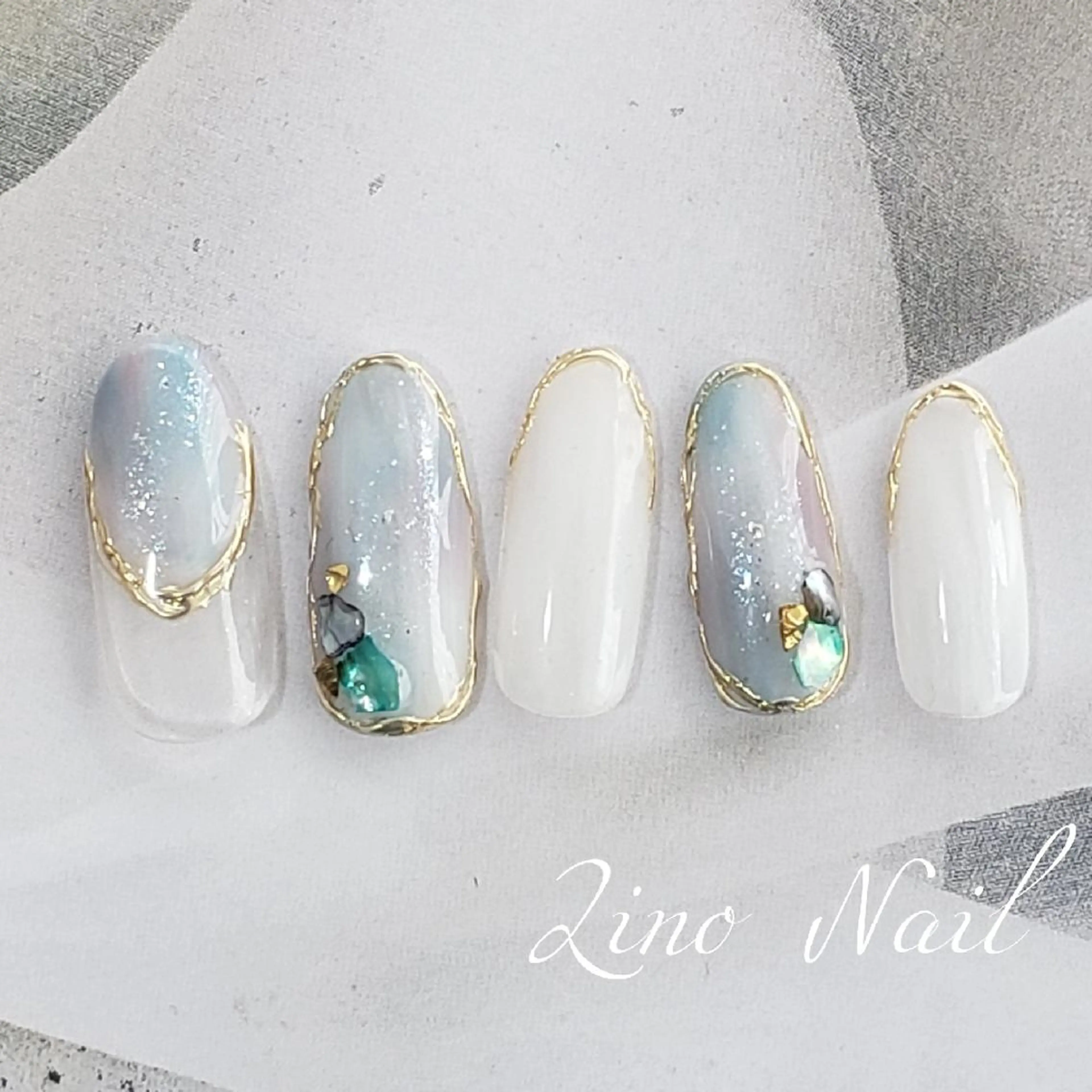 ネイル ブルー カジュアル ジェルネイル キラキラネイル ミラーネイル ハンドネイル Lino Nailのネイルデザイン