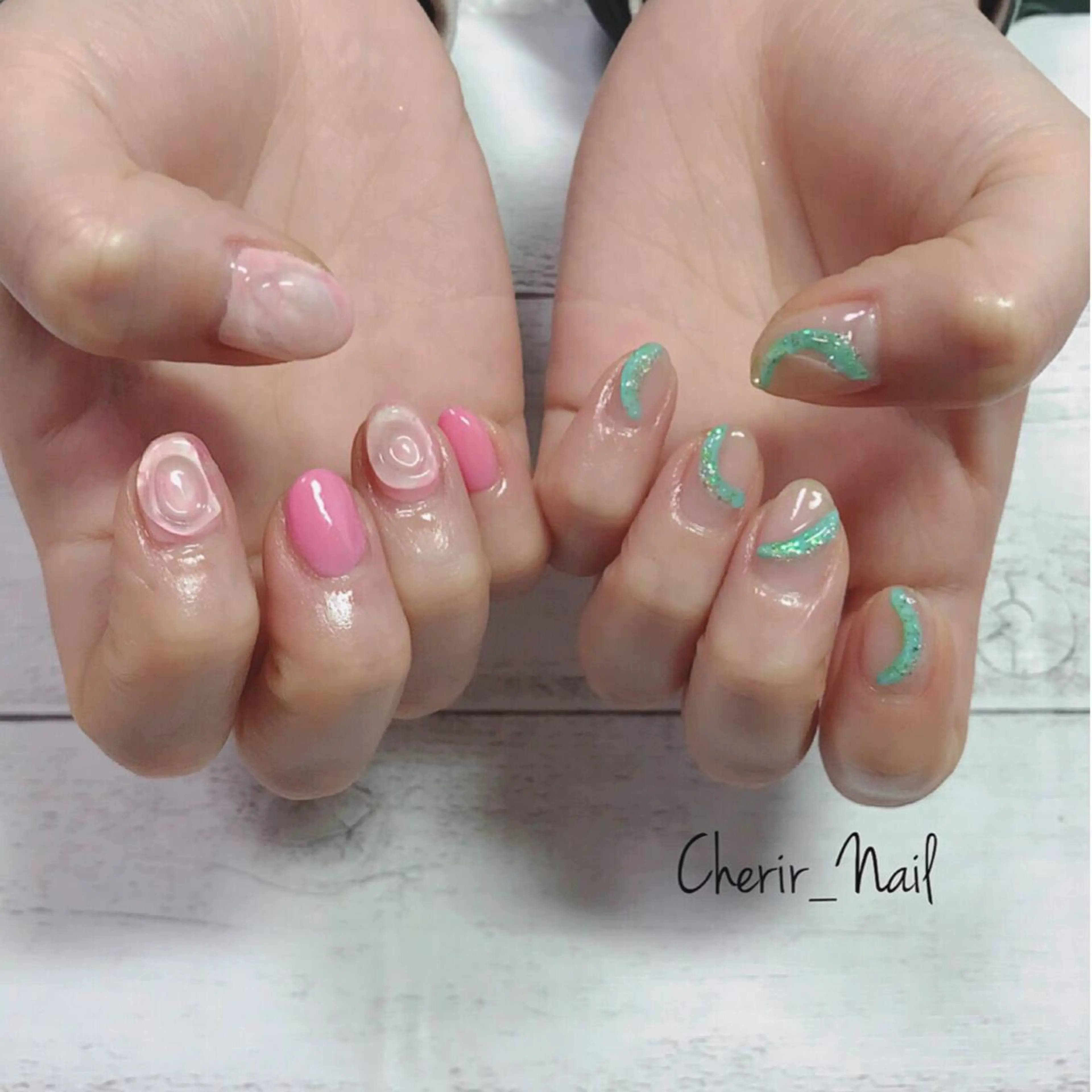 ネイル アートネイル クリアネイル グリーン 大理石ネイル(マーブル) ニュアンスネイル Cherirnail kaoriのネイルデザイン