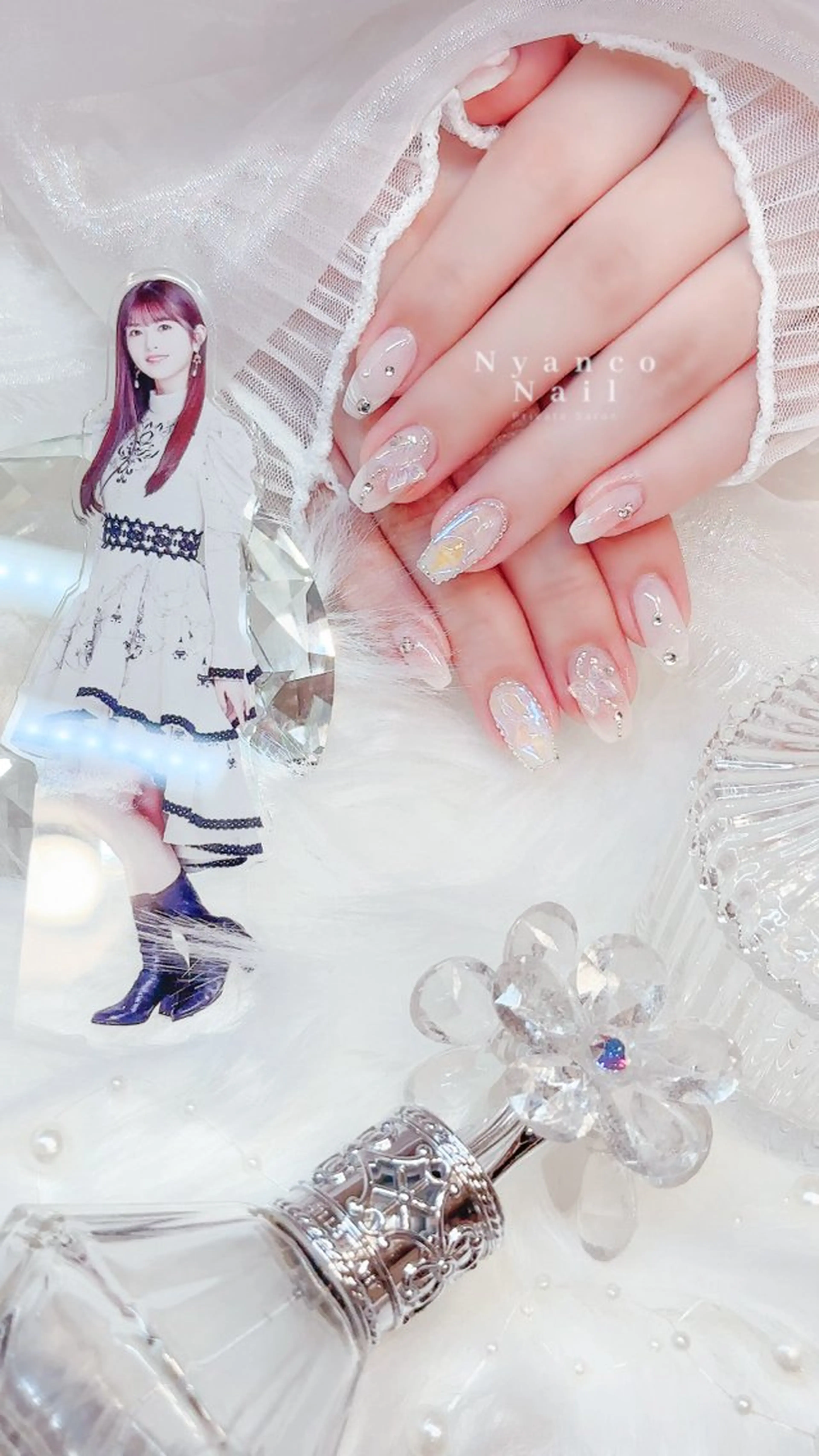 ネイル ジェルネイル 氷ネイル・うるうるネイル キラキラネイル ピンク リボン Nyanco Nailのネイルデザイン