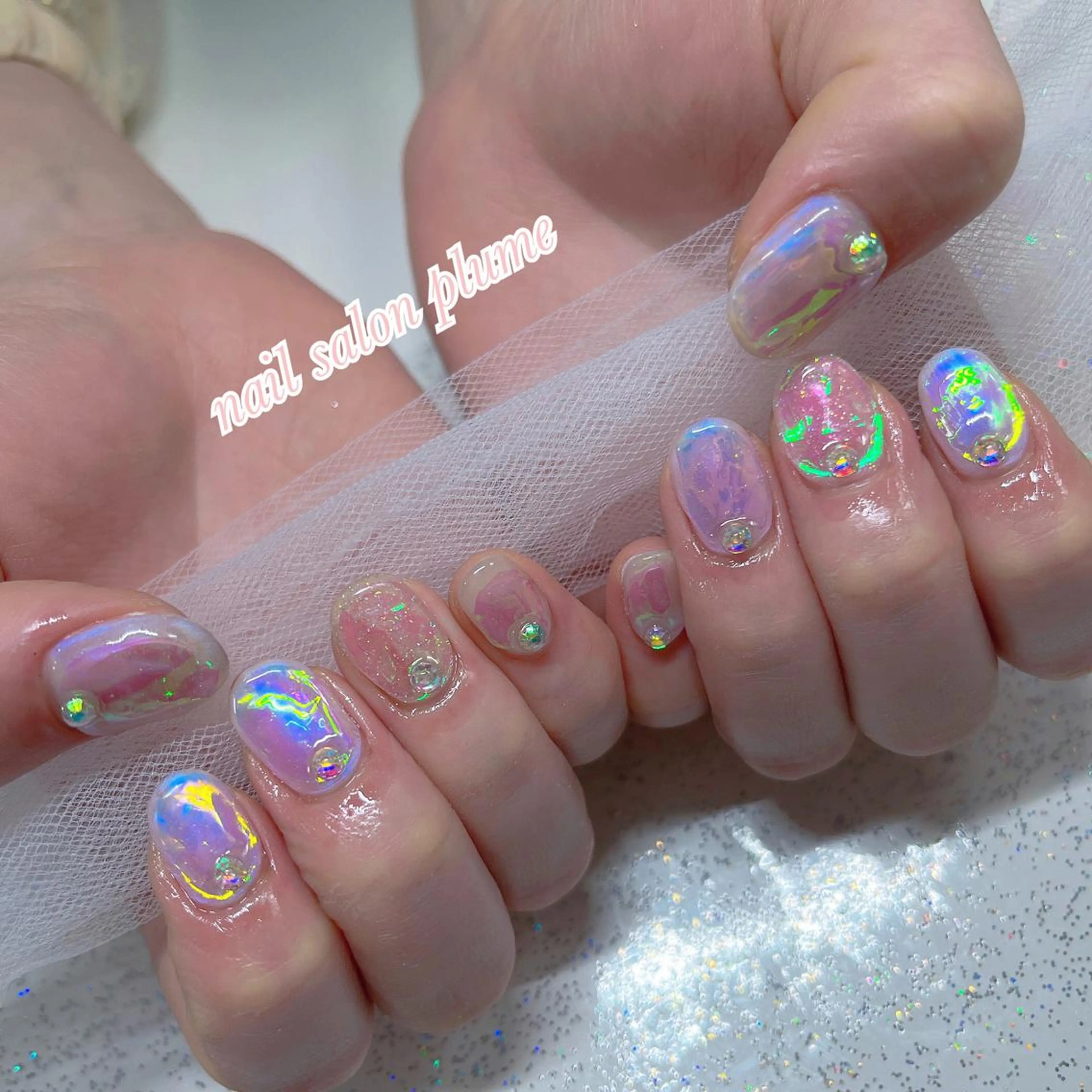 ネイル アートネイル オーロラネイル クリアネイル ガーリー ハート ハンドネイル plume nail ☆韓国ネイルのネイルデザイン