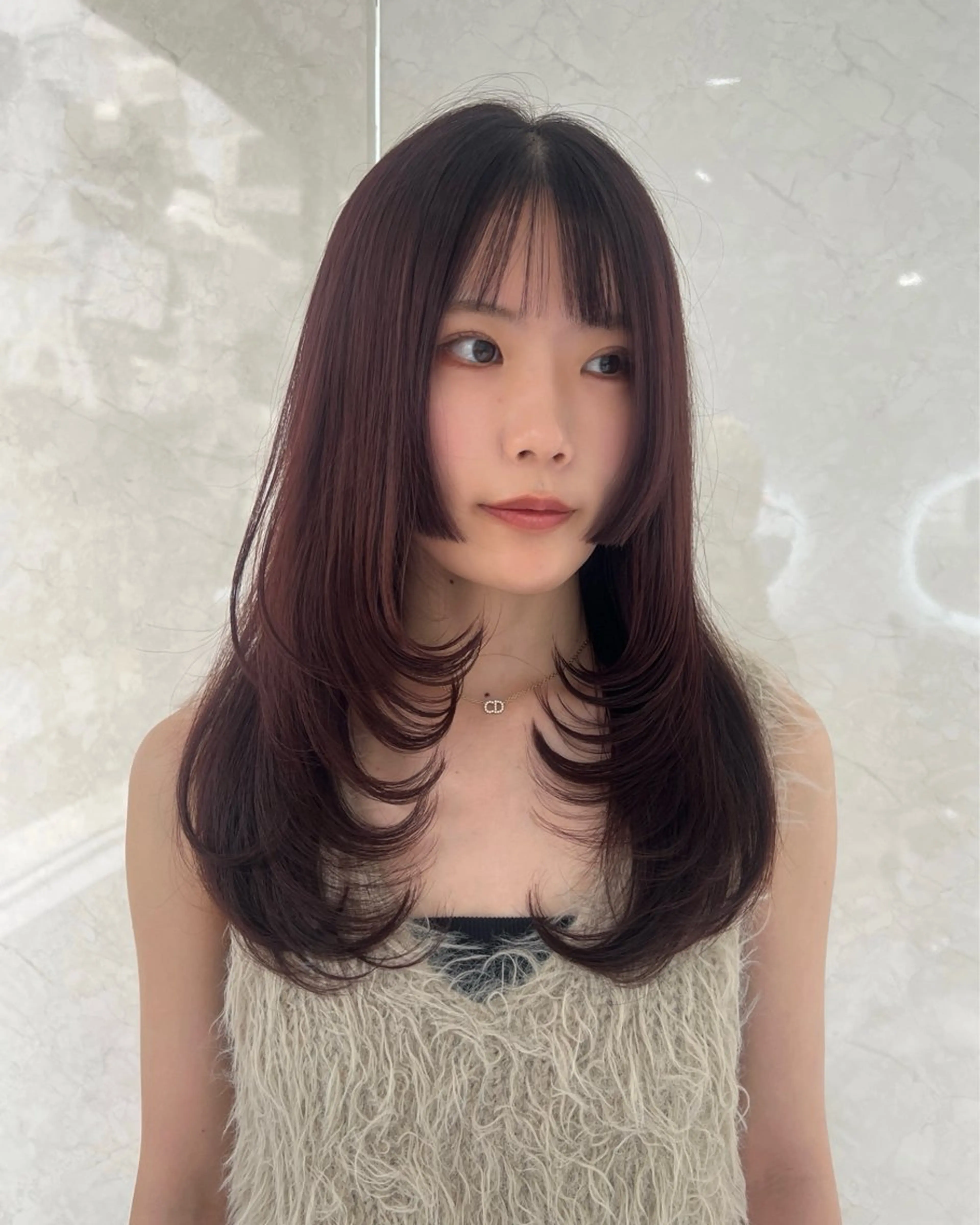 セミロング カラー ヘアアレンジ ブラウンカラー ラベンダーカラー ラベンダーブラウン レイヤーカット カット ヘアカラー トリートメント ヘッドスパ ヘアセット 顔まわりカット の達人のヘアスタイル