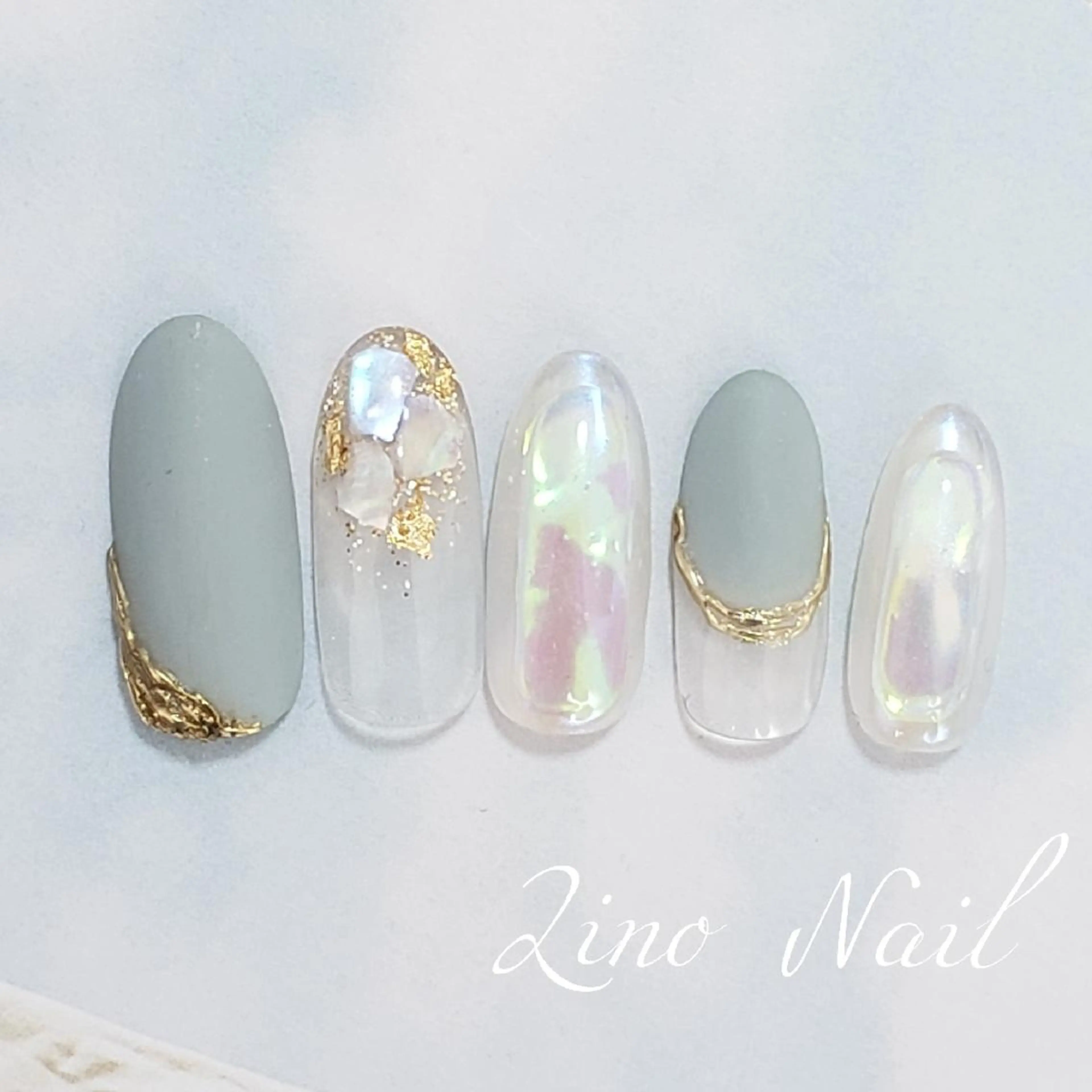 ネイル オーロラネイル ブルー カジュアル クリアネイル フレンチネイル ハンドネイル Lino Nailのネイルデザイン