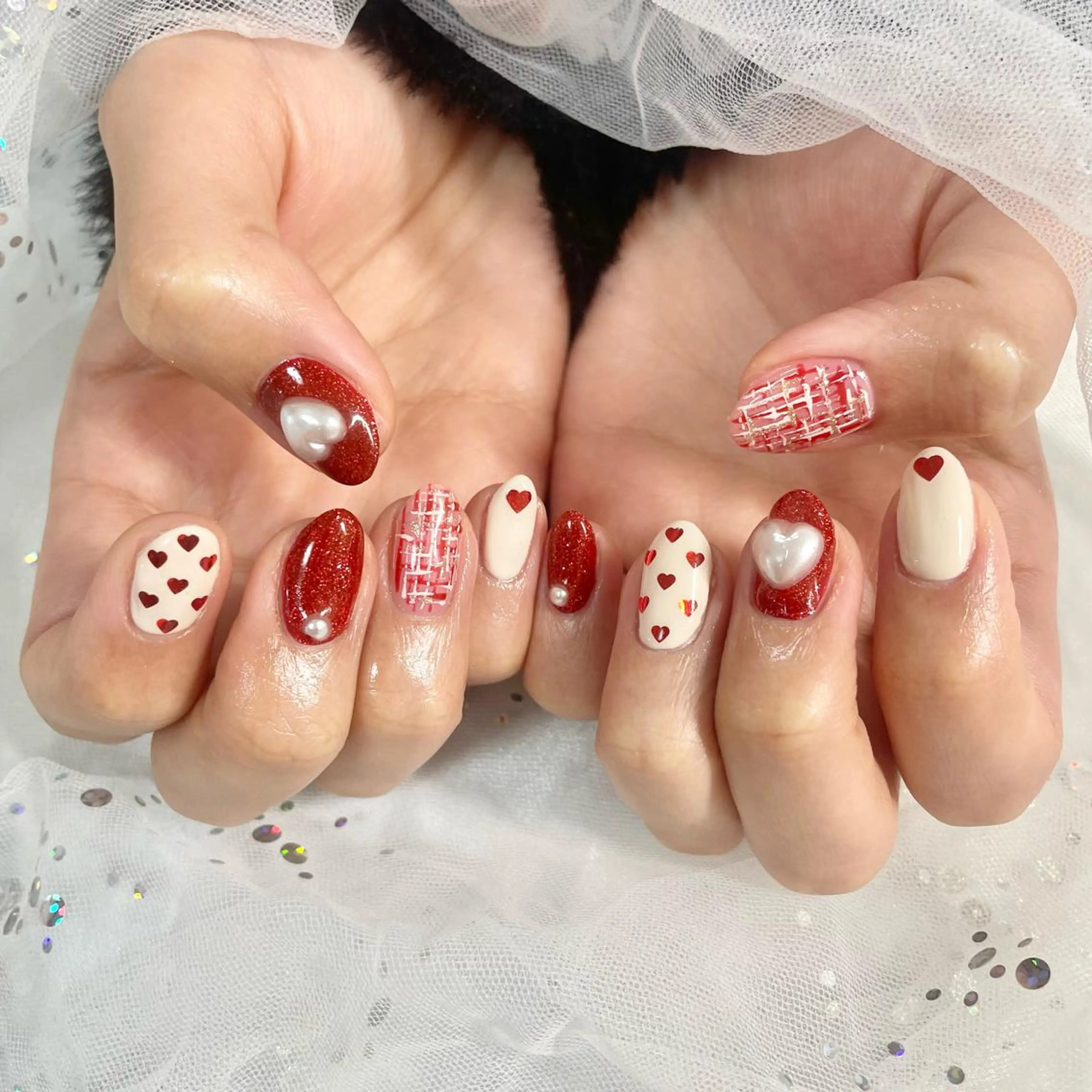 ネイル 赤色 ツイードネイル 🎀AYAKO 🎀中韓ネイルのネイルデザイン