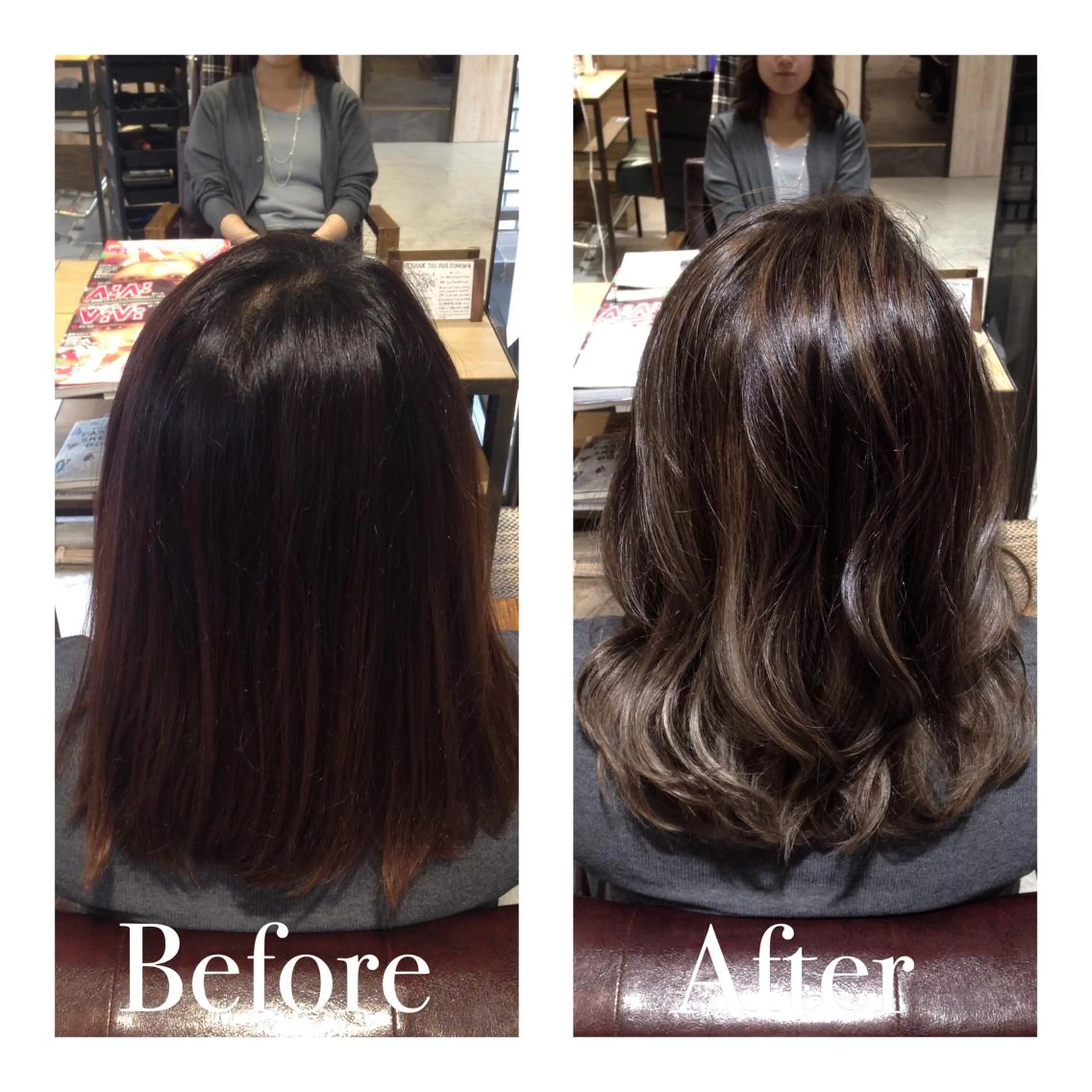 ミディアム セミロング ロング カラー パーマ アオガミ （前髪顔周りカット）のヘアスタイル