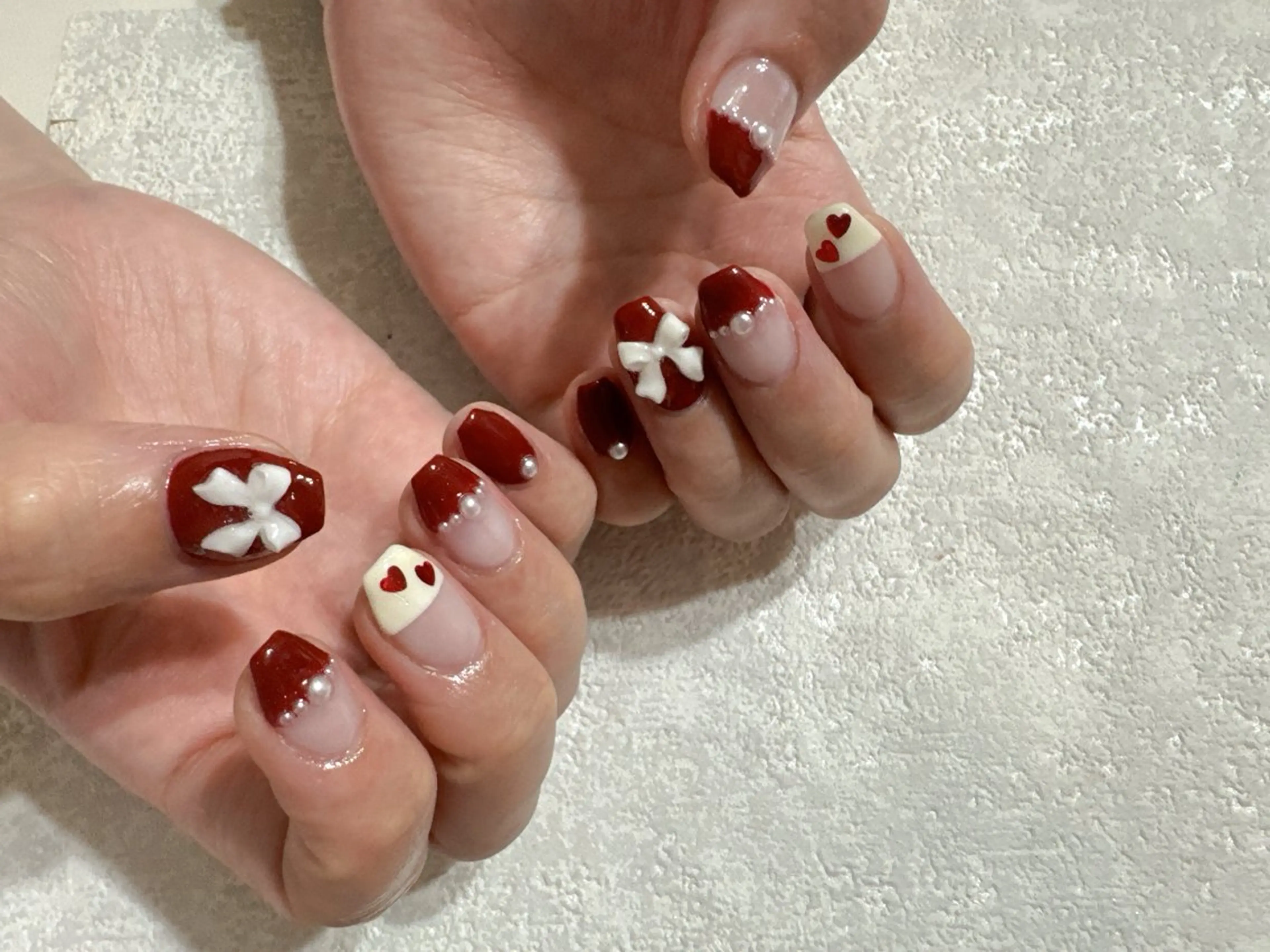 ネイル ボルドー フットネイル ジェルネイル パラジェル リボン kikinail 溝の口のネイルデザイン