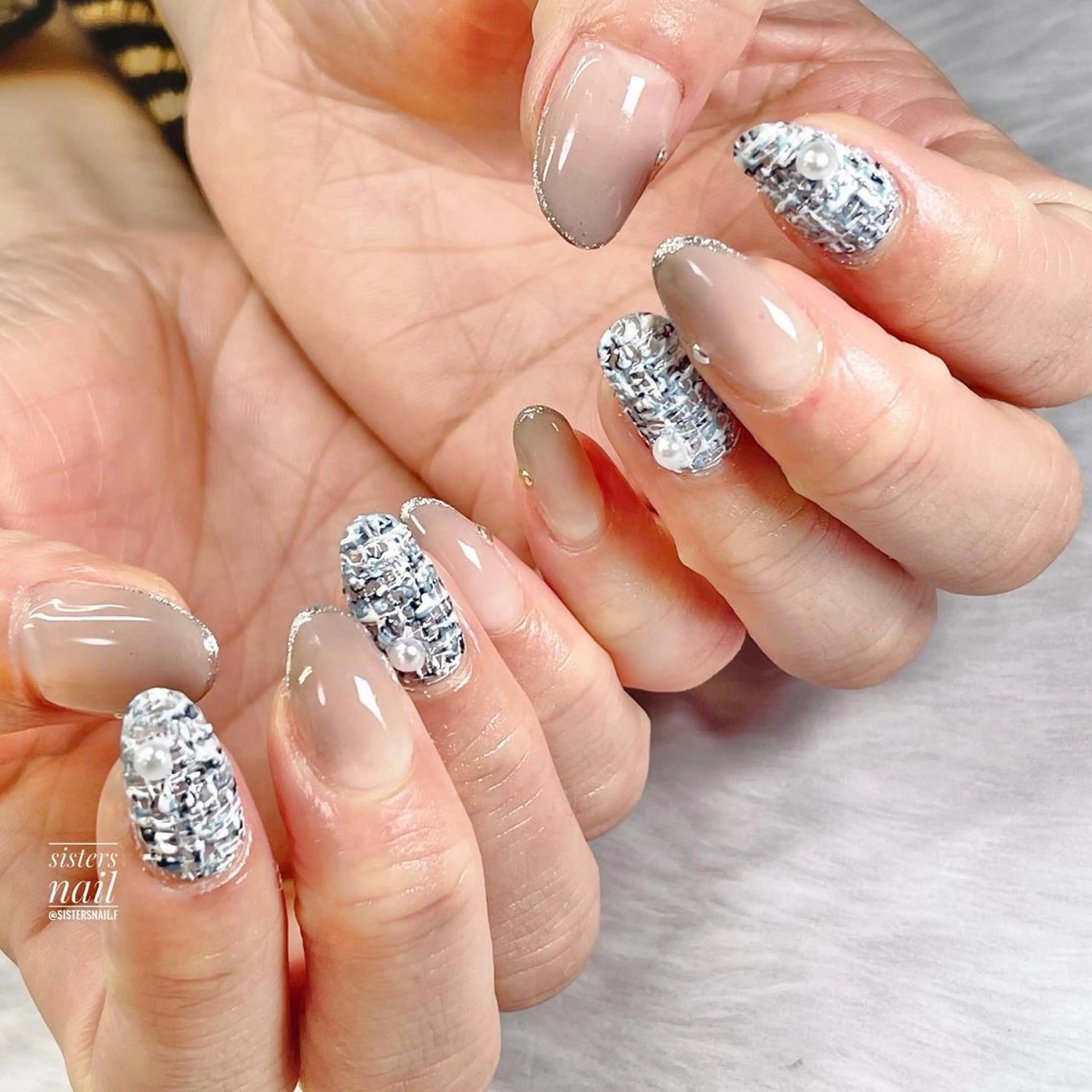 ネイル アートネイル ブルー フレンチネイル ネイビー ツイードネイル sisters nail.fのネイルデザイン